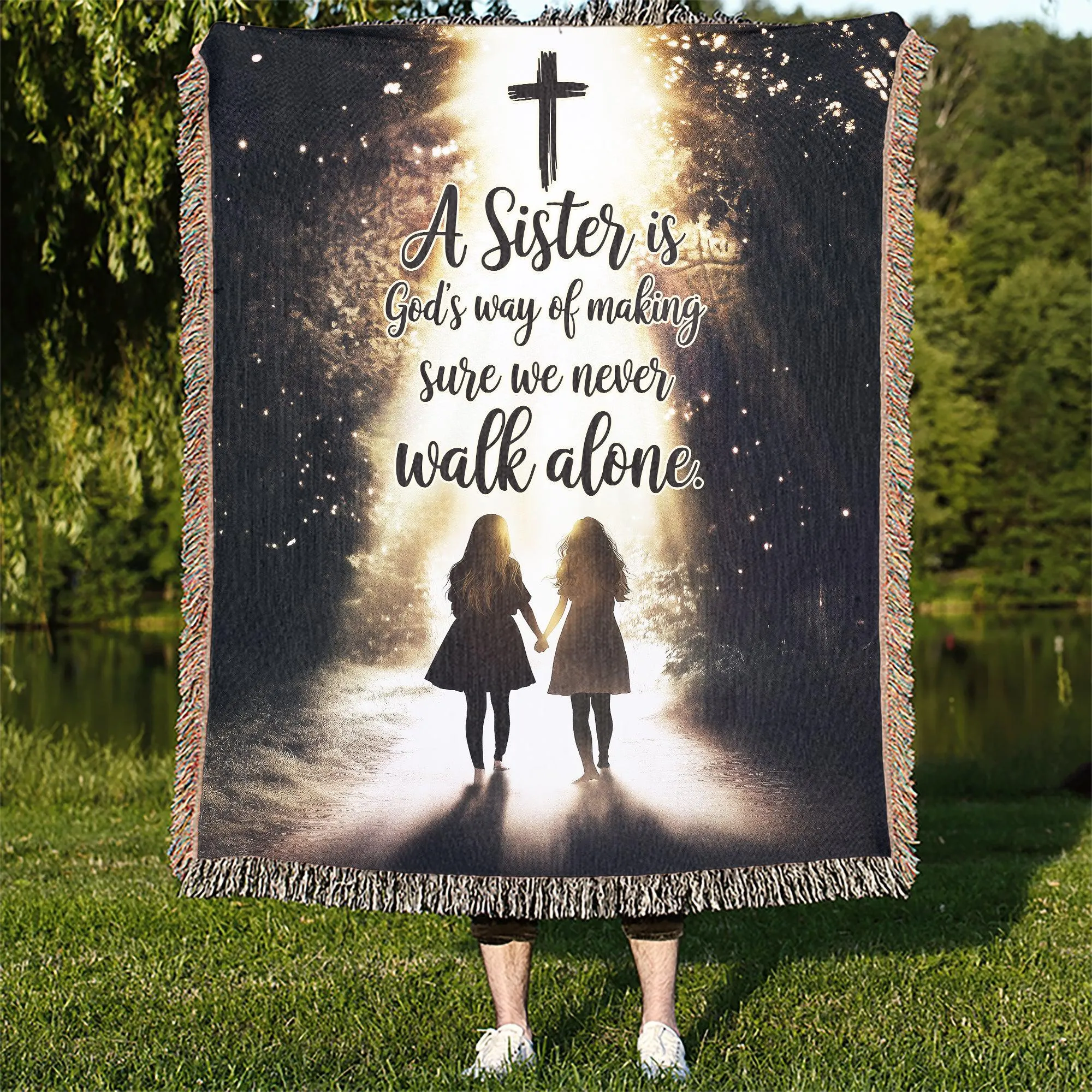 Never Walk Alone 50" x 60" Christian Gift For Sisters Gift Woven Jacquard Blanket