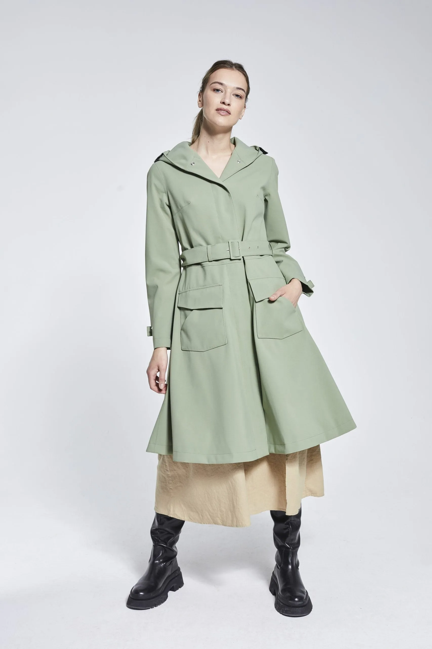 OLIVE FLARE RAINCOAT - recycled materials