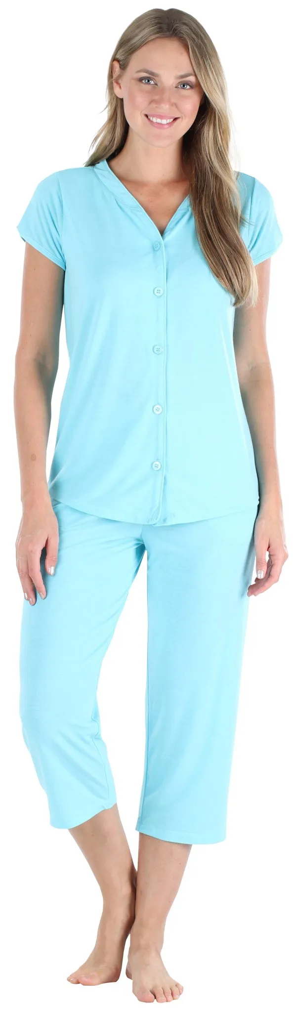 PajamaMania Women's Stretchy Knit Button Up Top and Capri Pajama Set