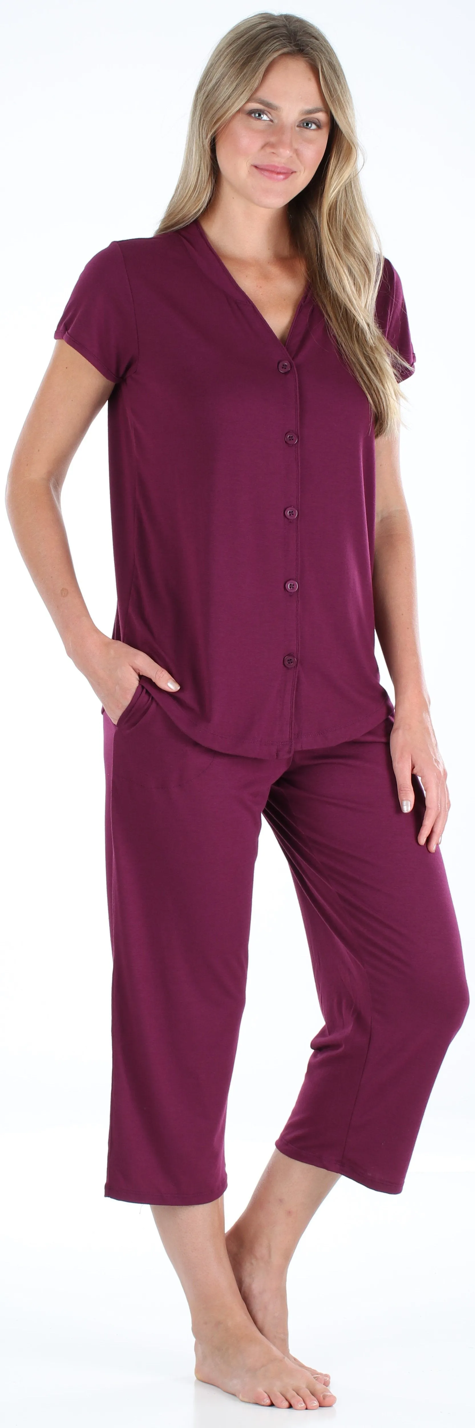 PajamaMania Women's Stretchy Knit Button Up Top and Capri Pajama Set