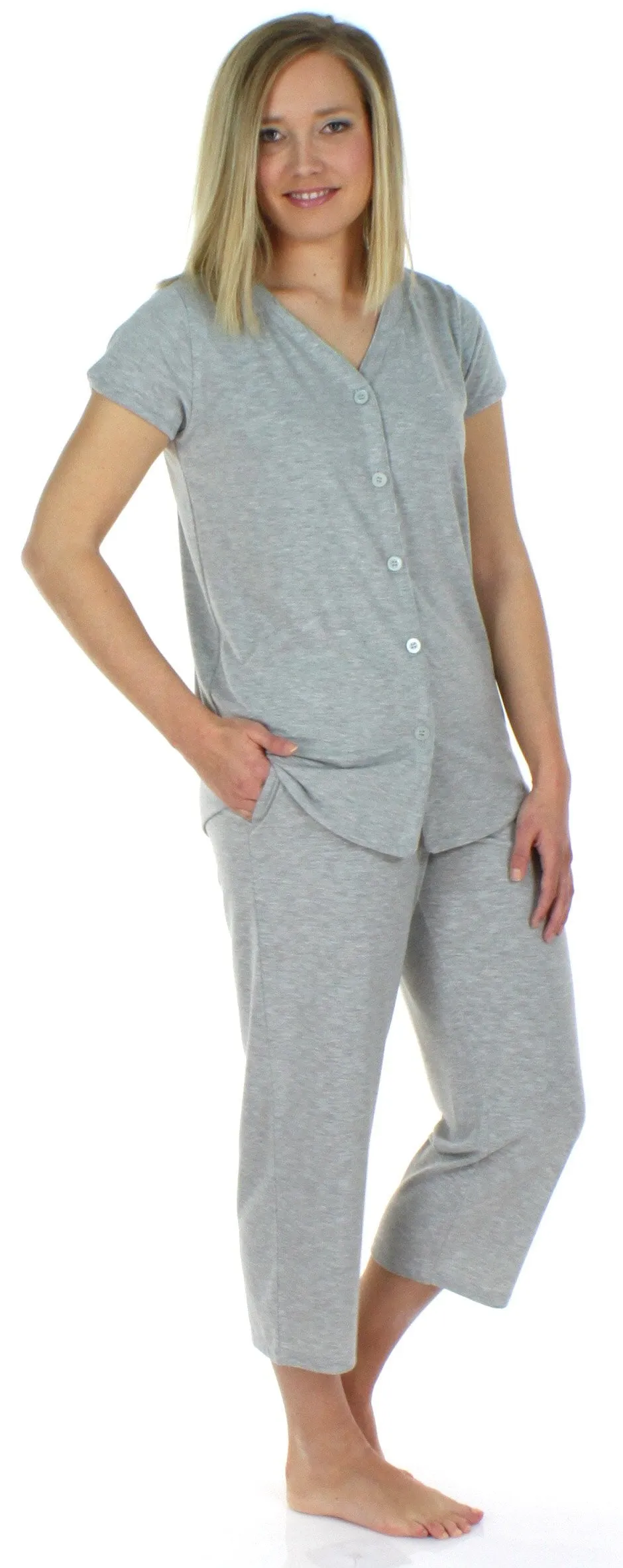 PajamaMania Women's Stretchy Knit Button Up Top and Capri Pajama Set