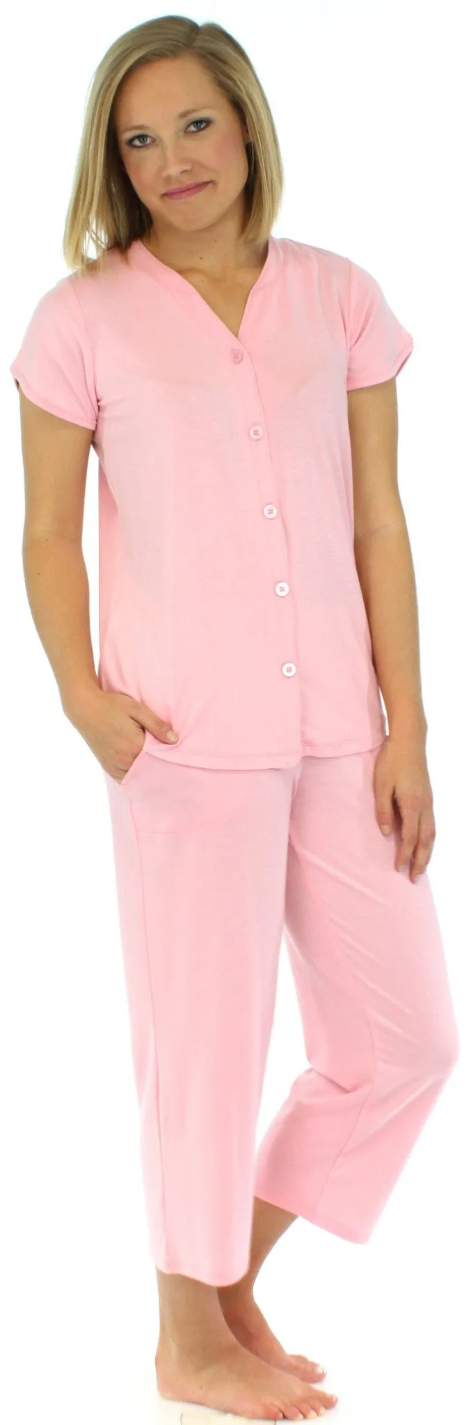 PajamaMania Women's Stretchy Knit Button Up Top and Capri Pajama Set