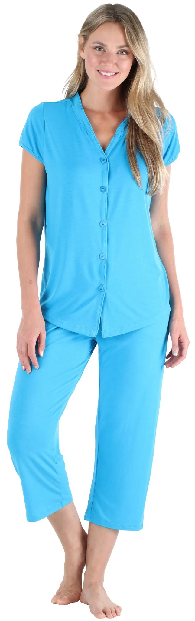 PajamaMania Women's Stretchy Knit Button Up Top and Capri Pajama Set