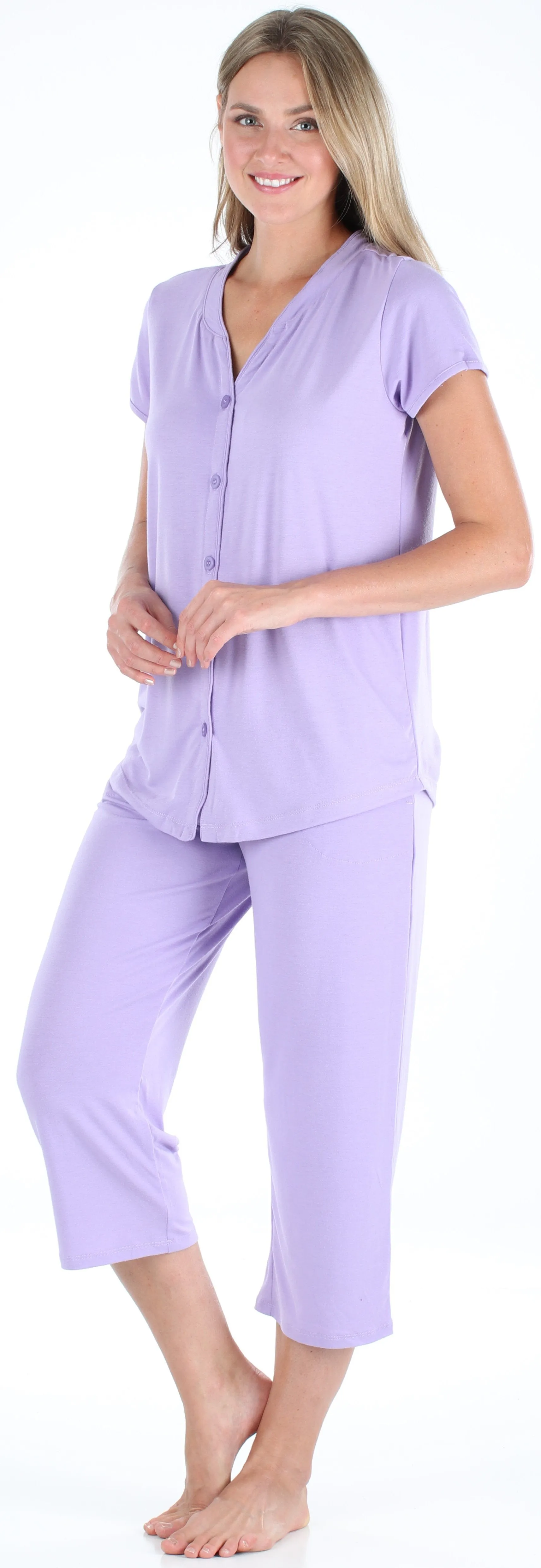 PajamaMania Women's Stretchy Knit Button Up Top and Capri Pajama Set