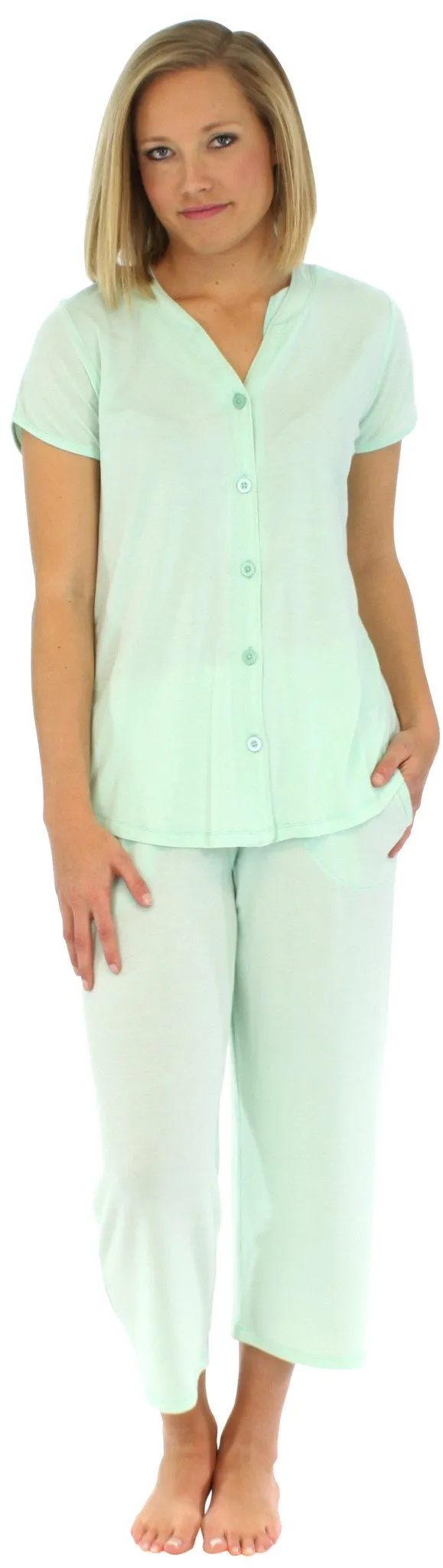 PajamaMania Women's Stretchy Knit Button Up Top and Capri Pajama Set