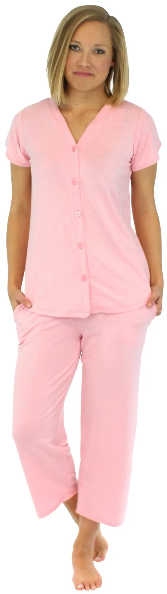 PajamaMania Women's Stretchy Knit Button Up Top and Capri Pajama Set