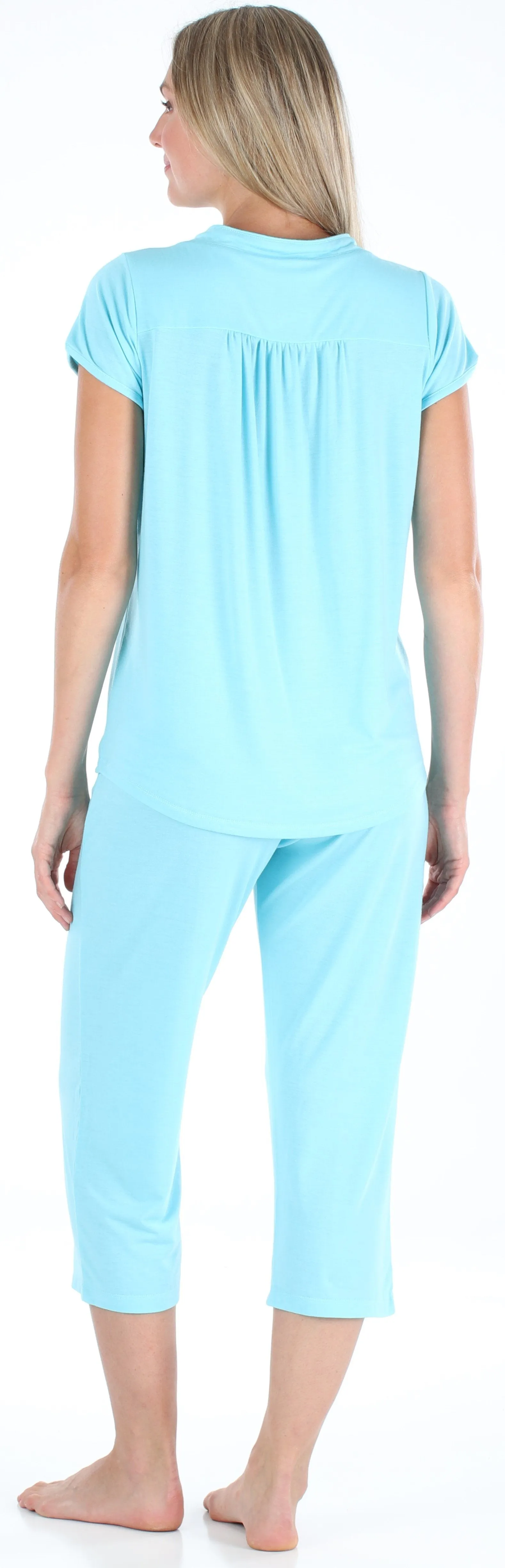 PajamaMania Women's Stretchy Knit Button Up Top and Capri Pajama Set