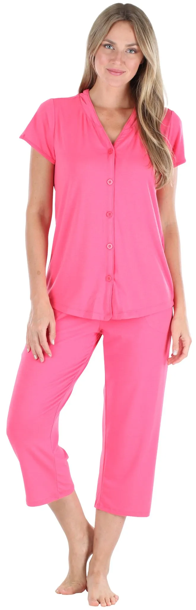 PajamaMania Women's Stretchy Knit Button Up Top and Capri Pajama Set