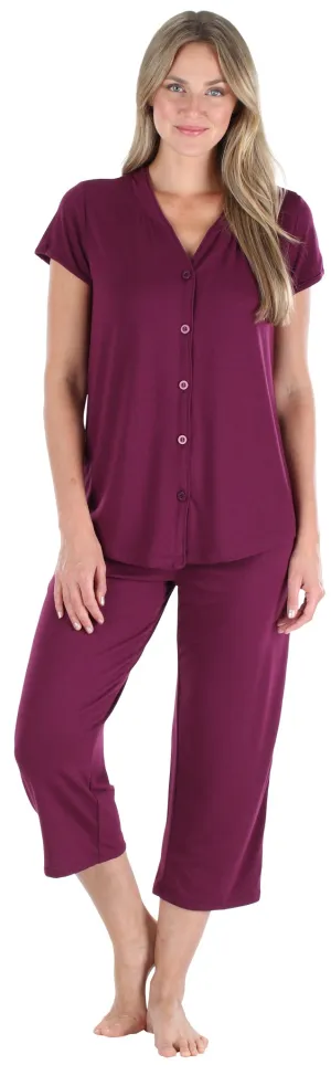 PajamaMania Women's Stretchy Knit Button Up Top and Capri Pajama Set