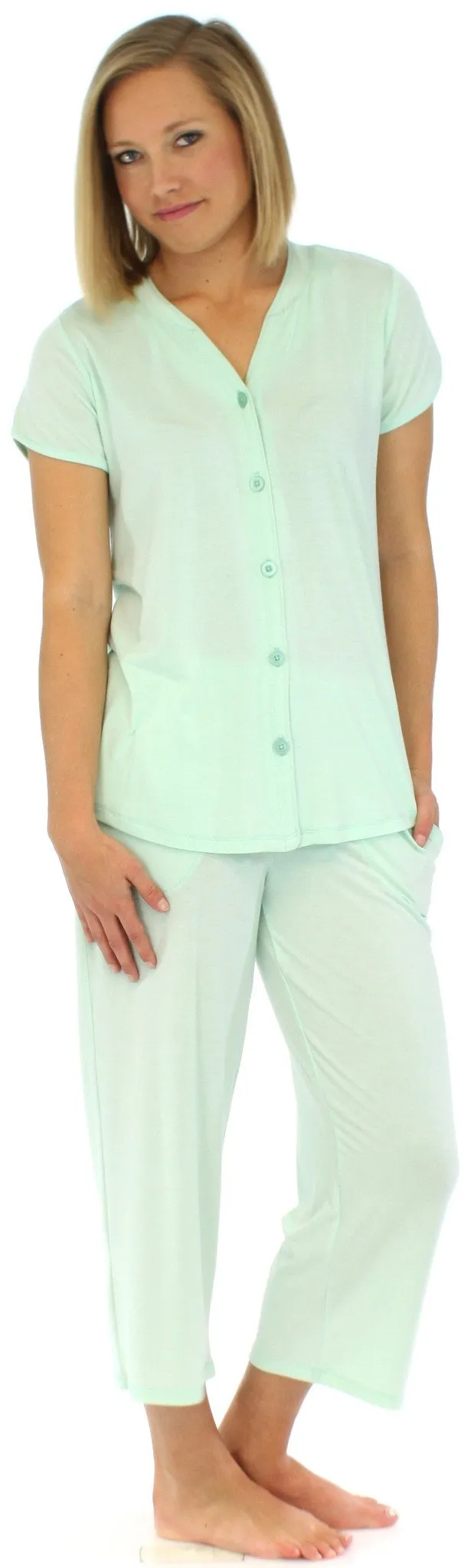 PajamaMania Women's Stretchy Knit Button Up Top and Capri Pajama Set