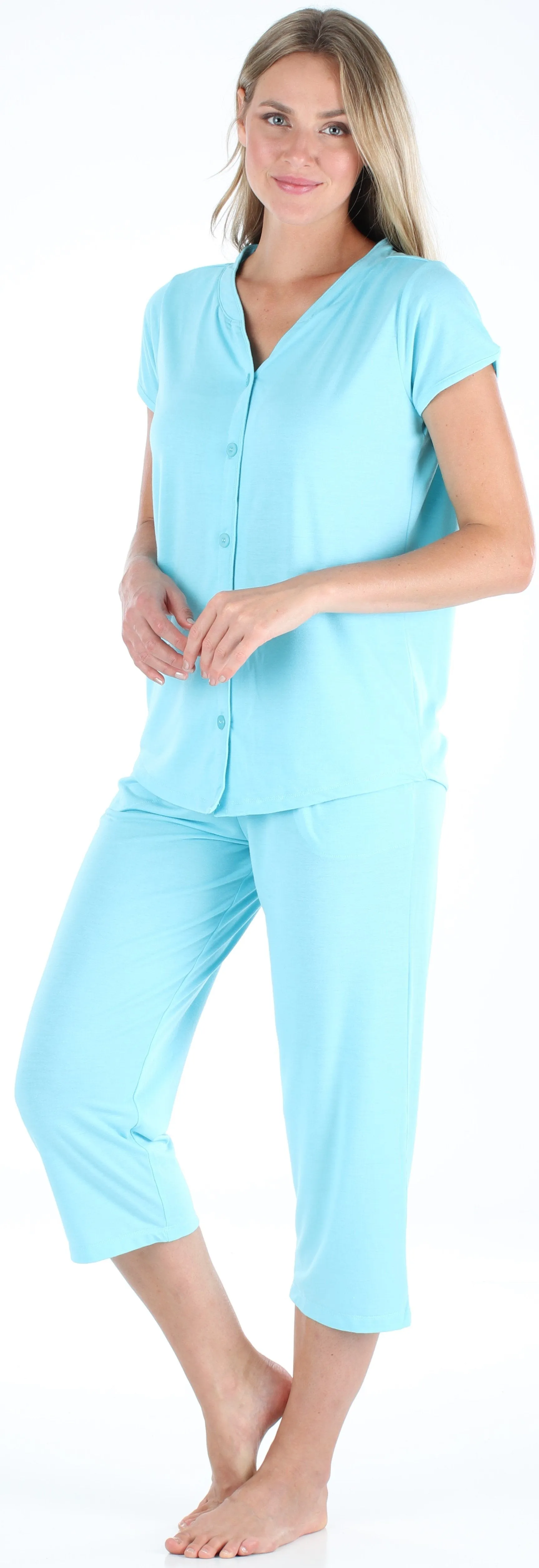 PajamaMania Women's Stretchy Knit Button Up Top and Capri Pajama Set