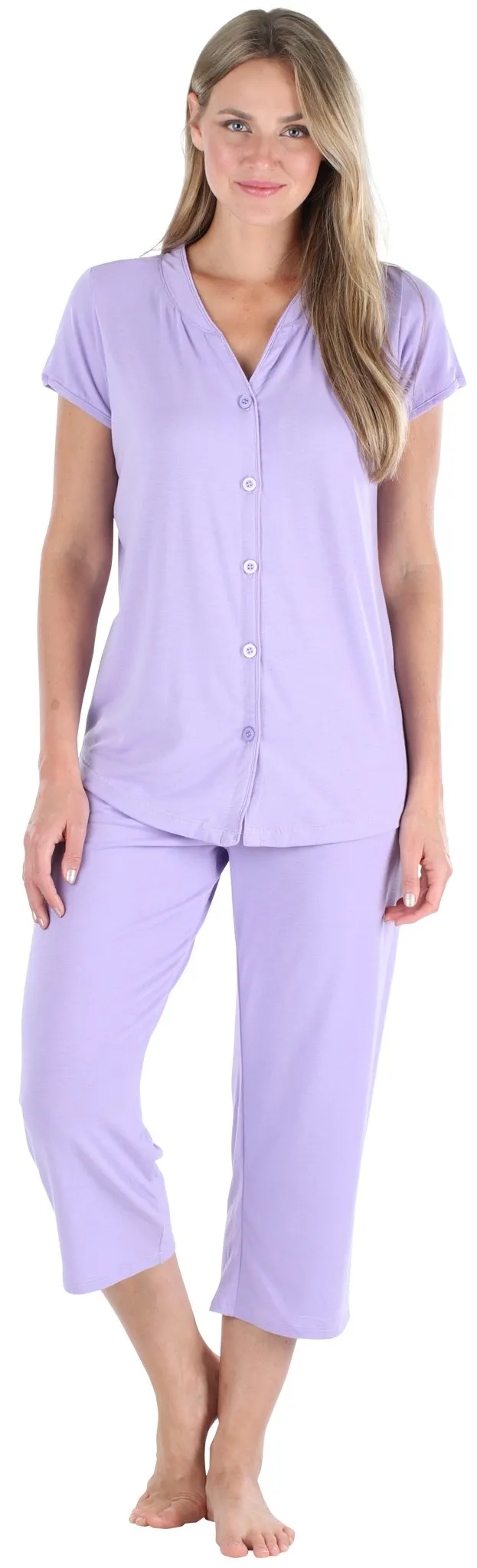 PajamaMania Women's Stretchy Knit Button Up Top and Capri Pajama Set