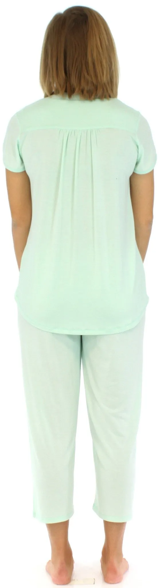 PajamaMania Women's Stretchy Knit Button Up Top and Capri Pajama Set