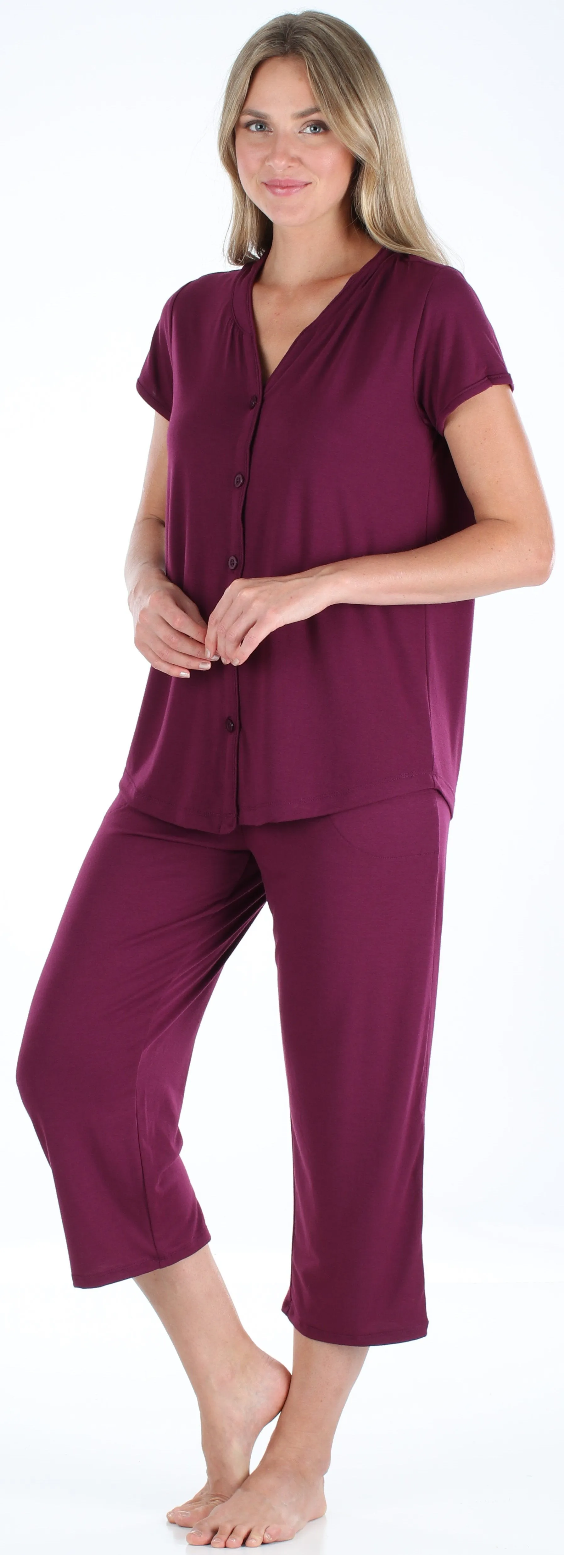 PajamaMania Women's Stretchy Knit Button Up Top and Capri Pajama Set