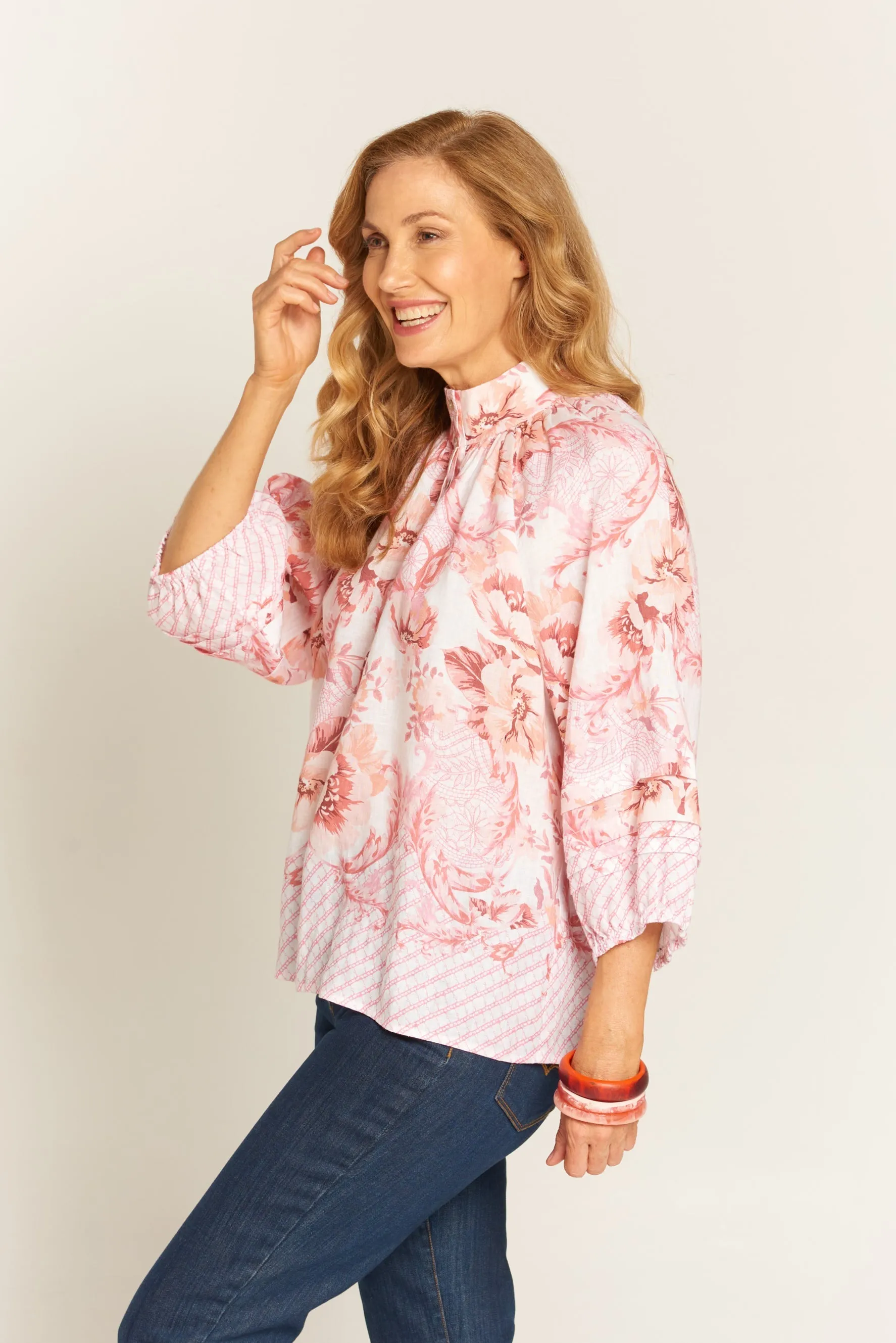 Pleat Sleeve Linen Blouse Bordered Pink Floral