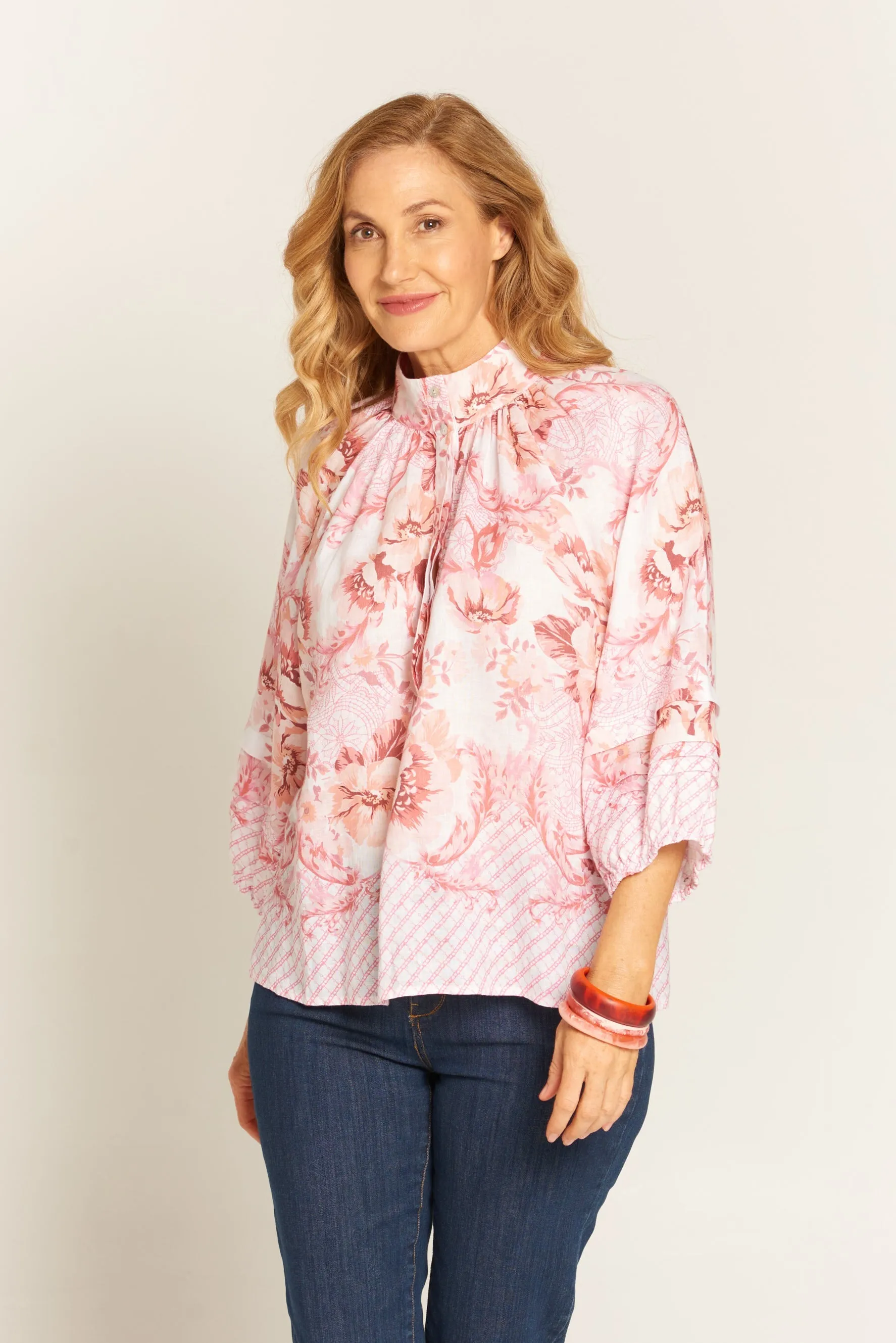 Pleat Sleeve Linen Blouse Bordered Pink Floral