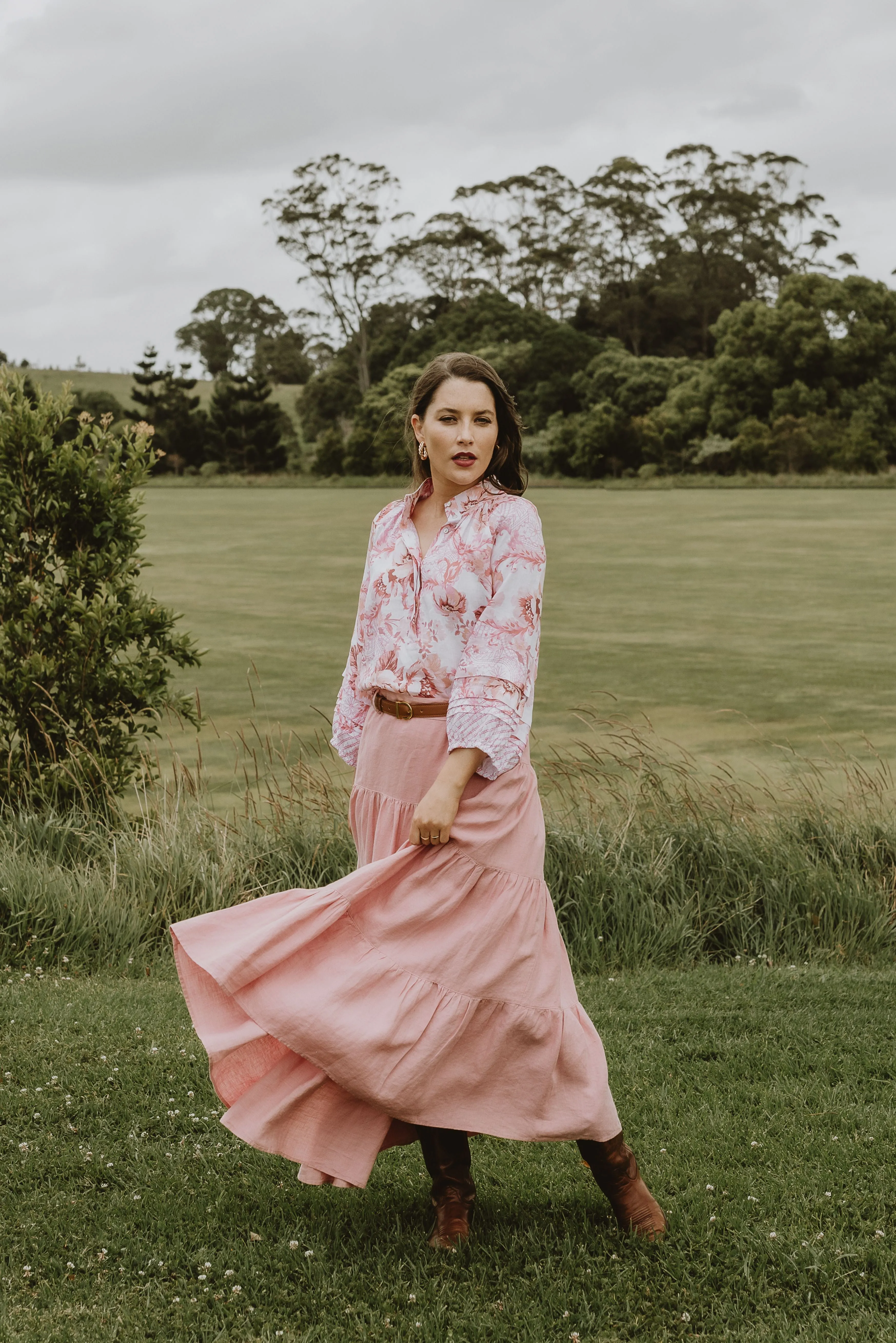 Pleat Sleeve Linen Blouse Bordered Pink Floral