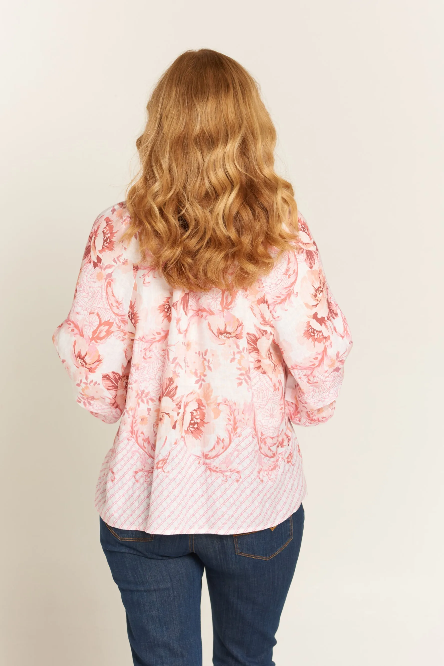 Pleat Sleeve Linen Blouse Bordered Pink Floral