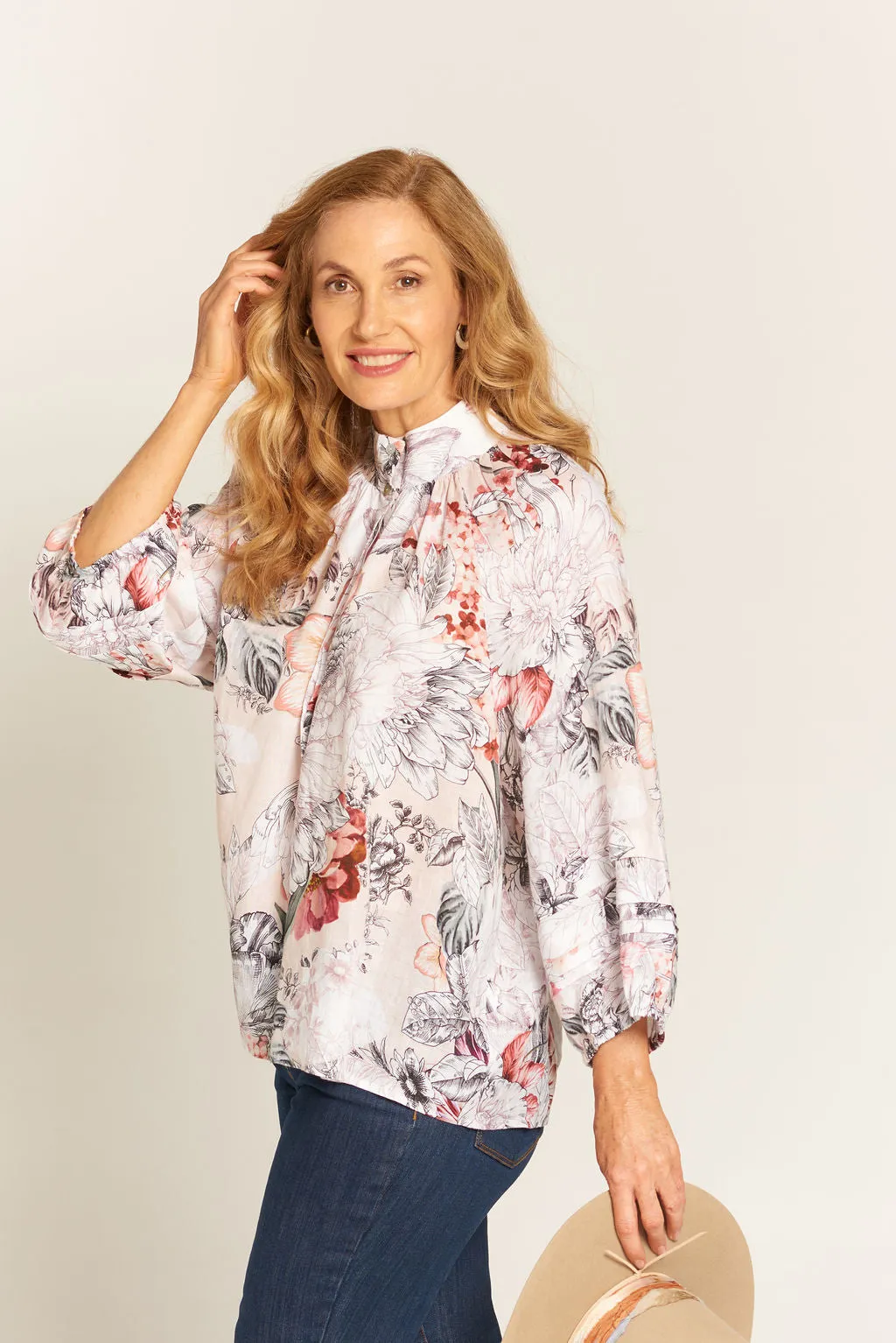 Pleat Sleeve Linen Blouse Botanical Print