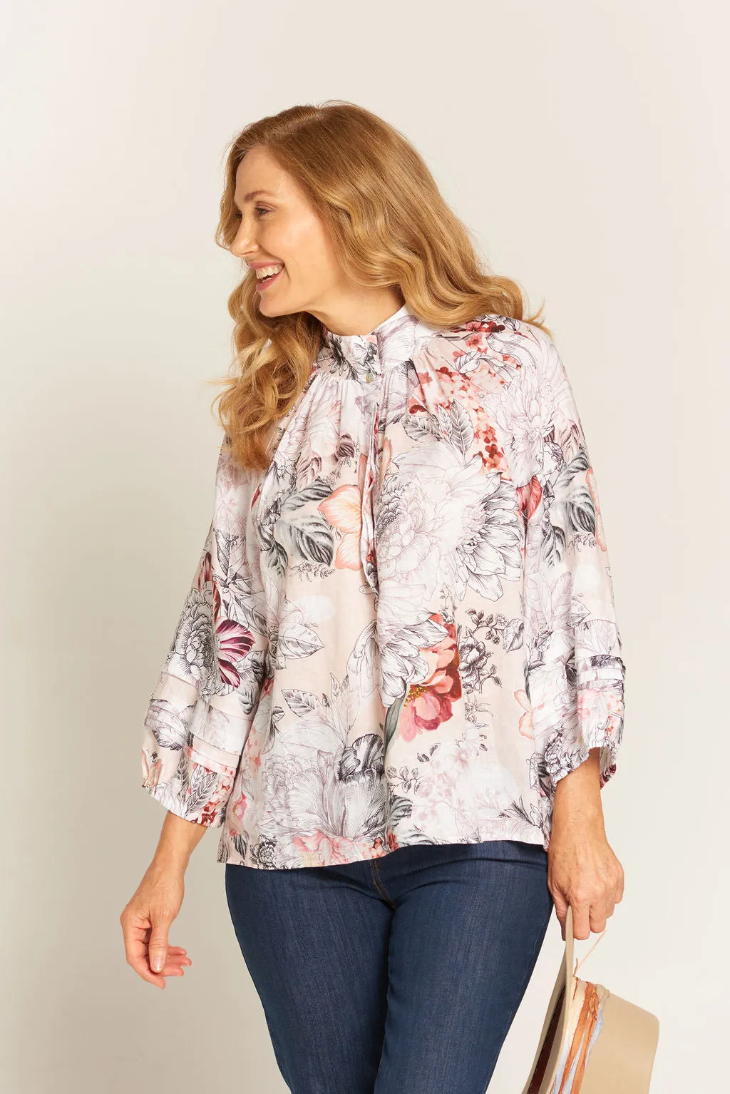 Pleat Sleeve Linen Blouse Botanical Print