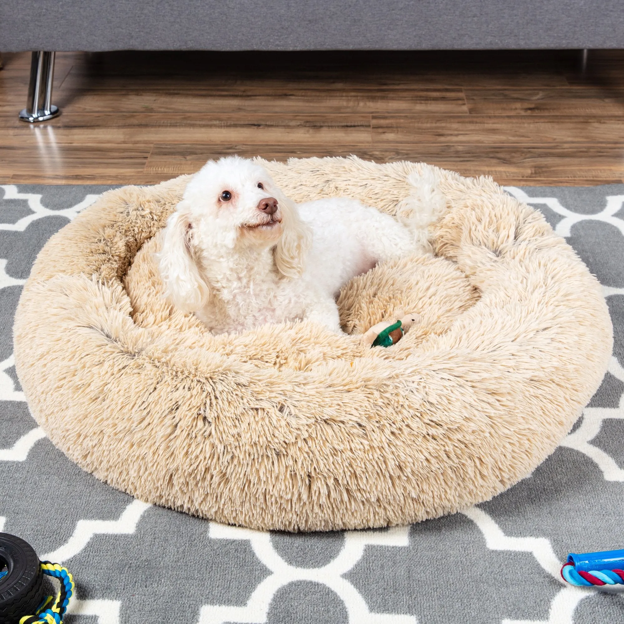 Self-Warming Shag Fur Calming Pet Bed w/ Water-Resistant Lining