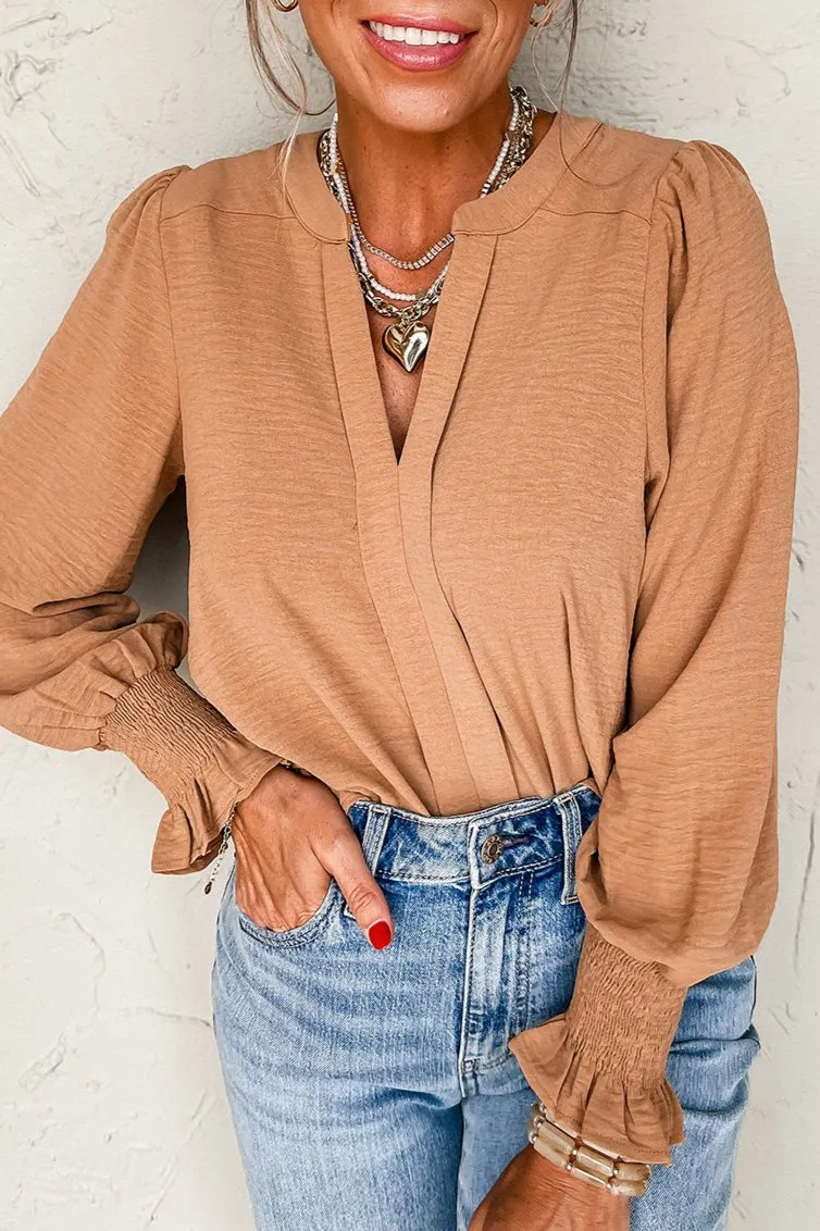 Shirred Long Sleeve V-Neck Blouse