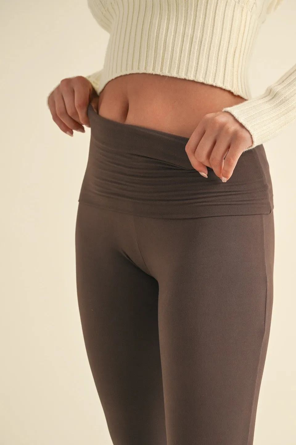 Soft Knit Foldover Flare Pants, Chocolate