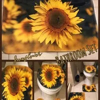 Sunflowers Bathroom Shower Curtain 3Pcs Bathroom Pedestal Rug   Lid Toilet Cover   Bath Mat Set