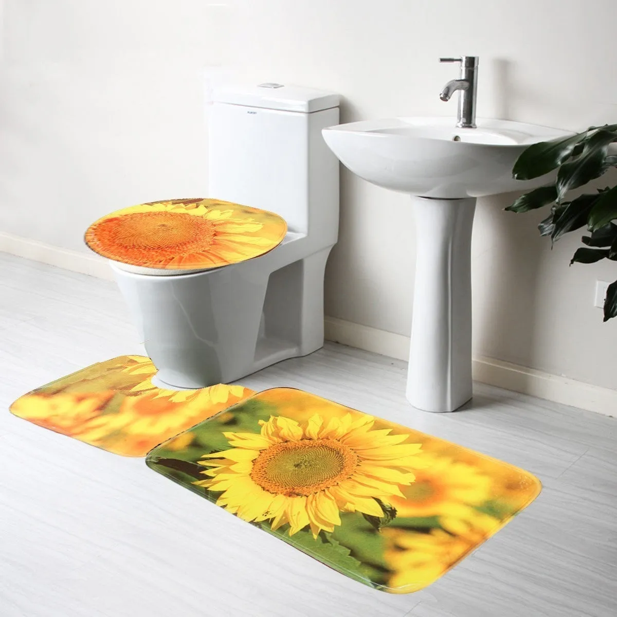 Sunflowers Bathroom Shower Curtain 3Pcs Bathroom Pedestal Rug   Lid Toilet Cover   Bath Mat Set