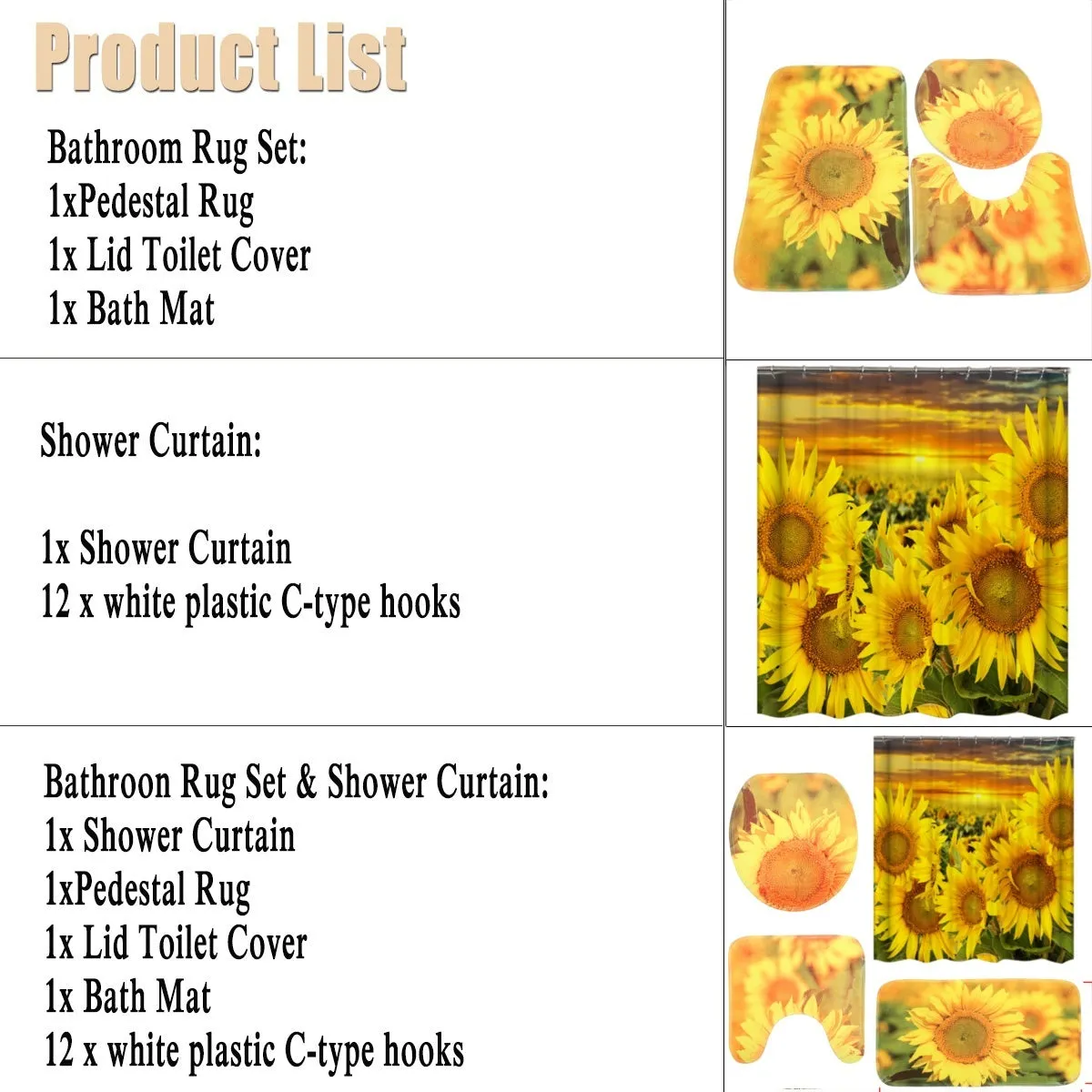 Sunflowers Bathroom Shower Curtain 3Pcs Bathroom Pedestal Rug   Lid Toilet Cover   Bath Mat Set