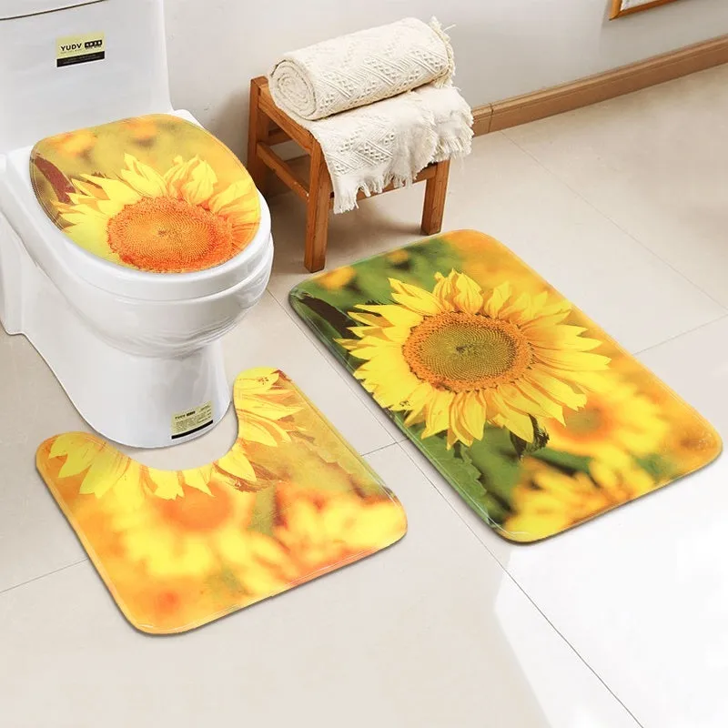 Sunflowers Bathroom Shower Curtain 3Pcs Bathroom Pedestal Rug   Lid Toilet Cover   Bath Mat Set