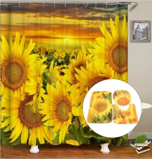 Sunflowers Bathroom Shower Curtain 3Pcs Bathroom Pedestal Rug   Lid Toilet Cover   Bath Mat Set