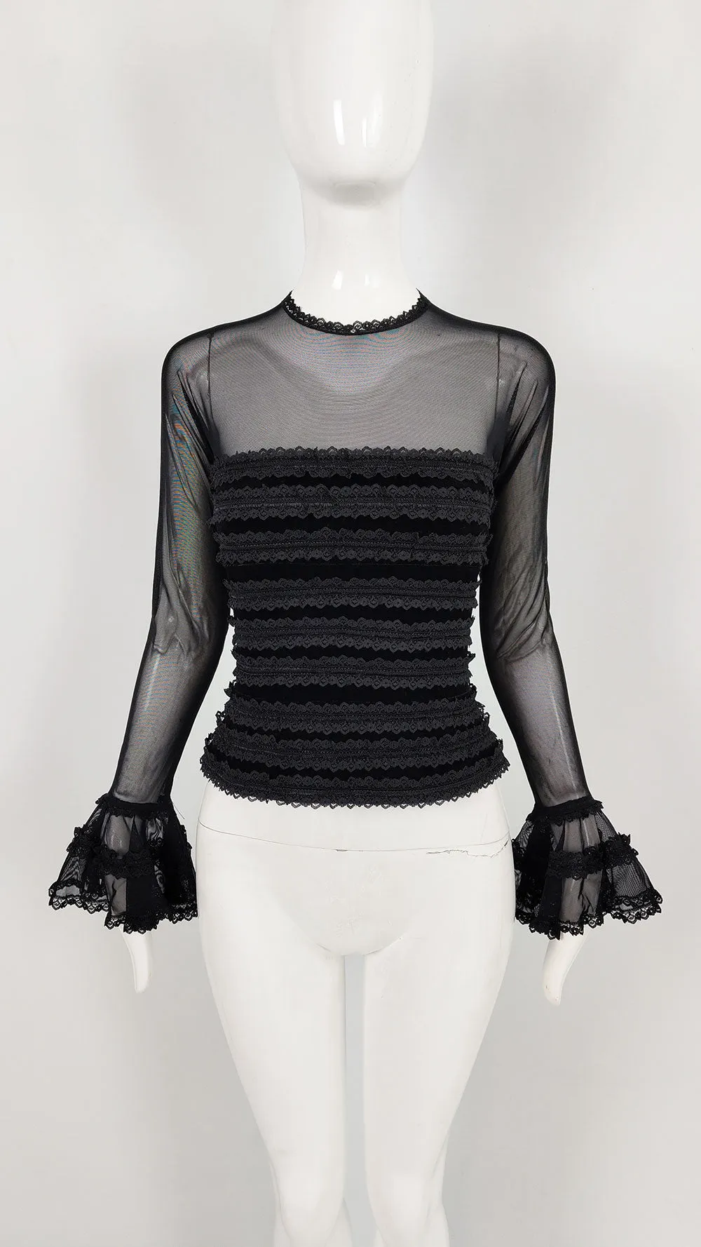 Tadashi Shoji Vintage Mesh Sleeve Black Evening Top, 1980s