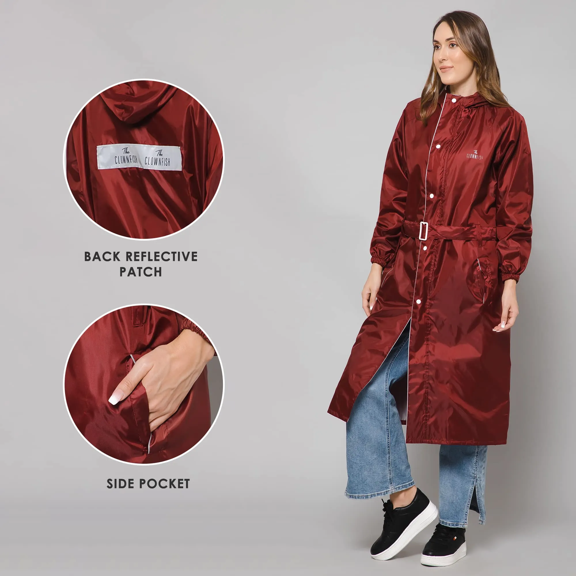 The Clownfish by STRAUSS Polyester Raincoats for Women Raincoat for Ladies Waterproof Reversible Double Layer. Drizzle Diva Series (Maroon, X-Large)