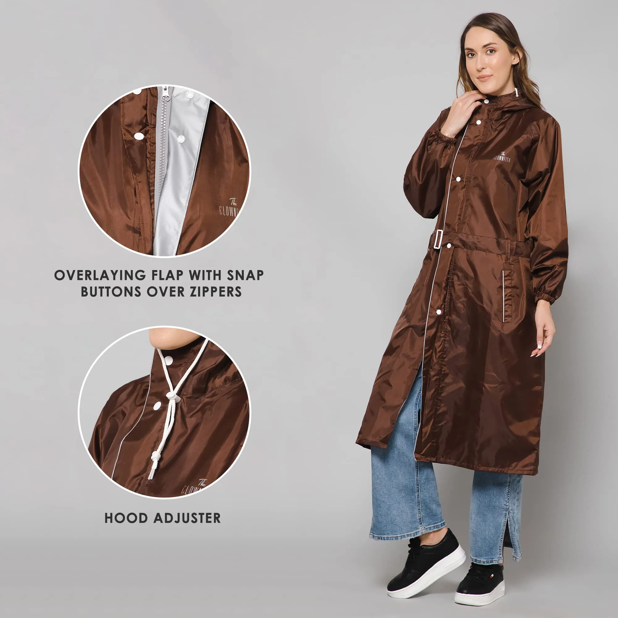 THE CLOWNFISH Polyester Long Length Raincoats For Women Raincoat For Ladies Waterproof Reversible Double Layer. Drizzle Diva Series (Brown, 2XL)