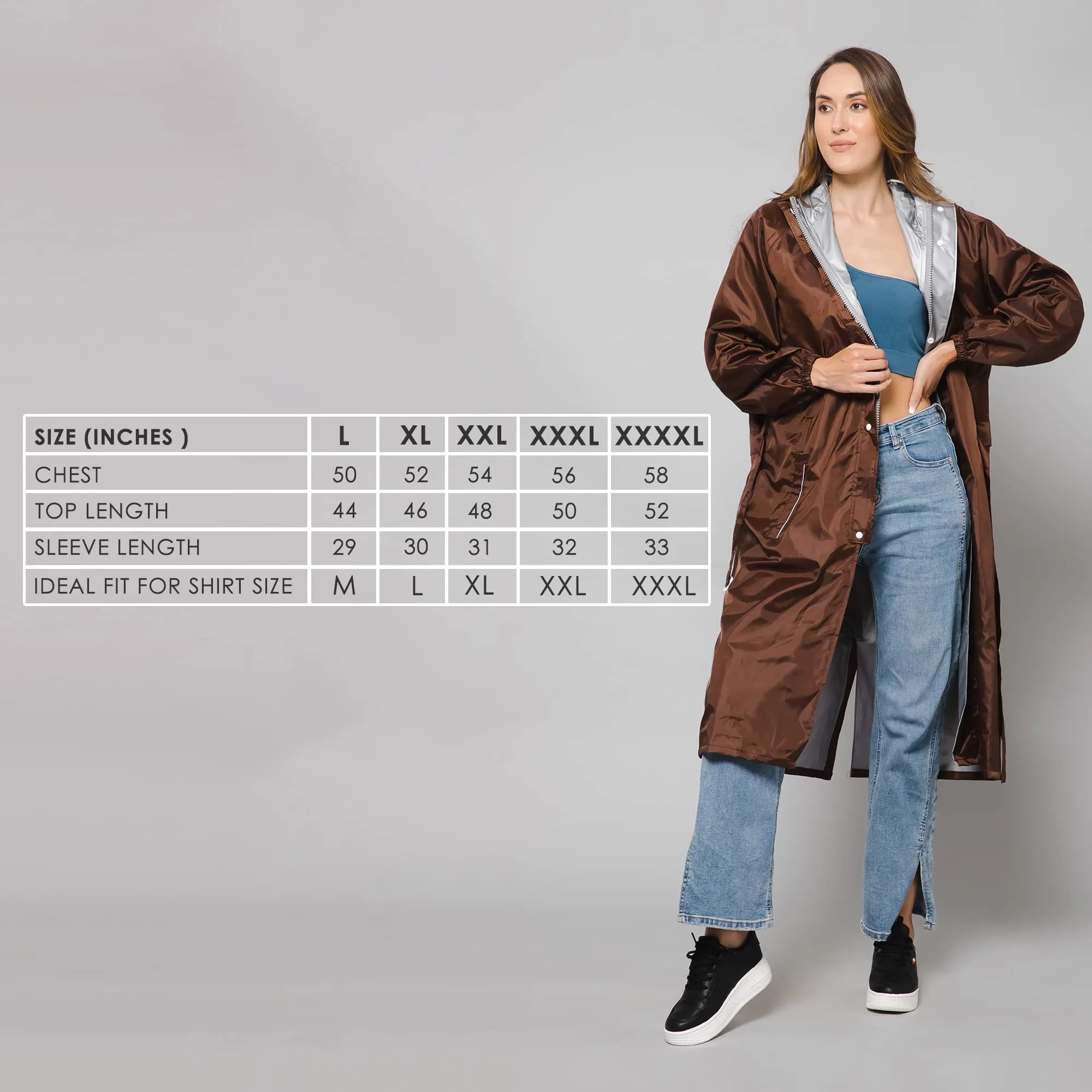 THE CLOWNFISH Polyester Long Length Raincoats For Women Raincoat For Ladies Waterproof Reversible Double Layer. Drizzle Diva Series (Brown, 2XL)