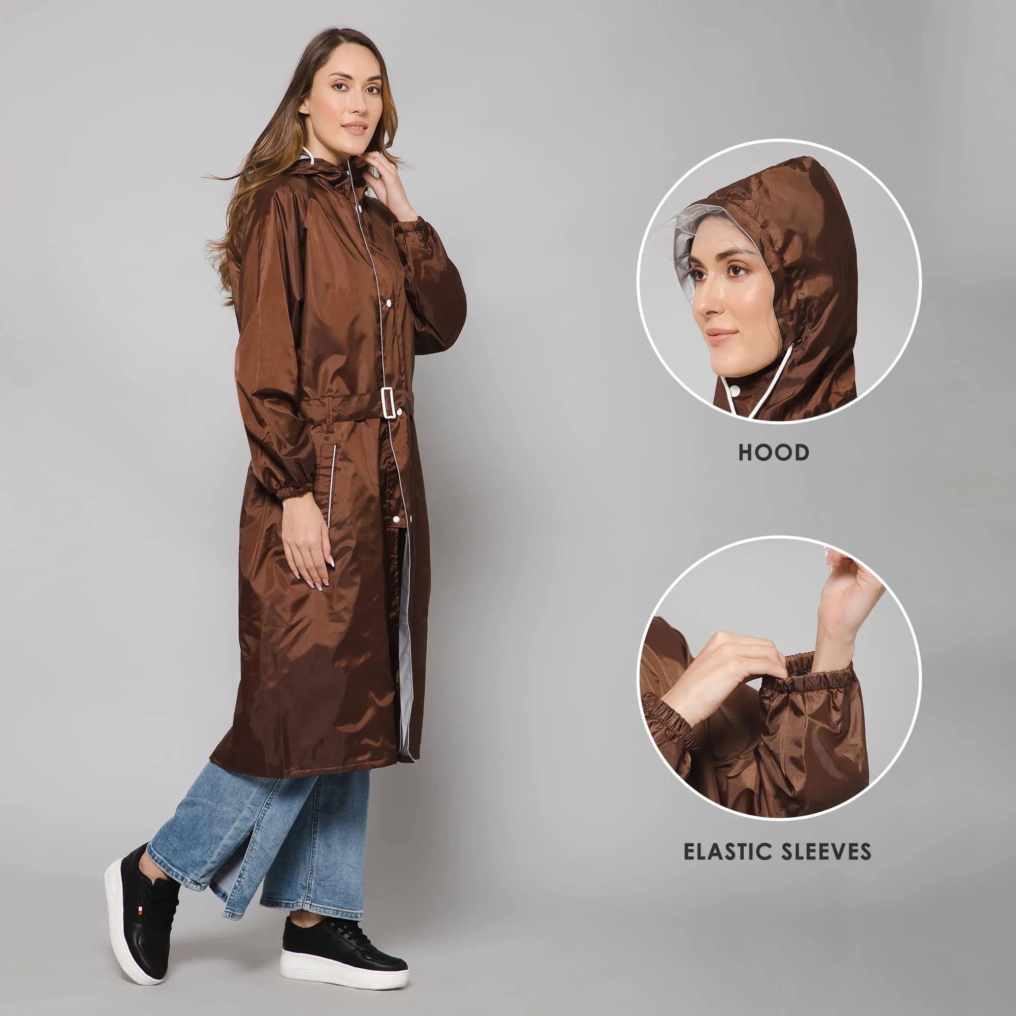 THE CLOWNFISH Polyester Long Length Raincoats For Women Raincoat For Ladies Waterproof Reversible Double Layer. Drizzle Diva Series (Brown, 2XL)