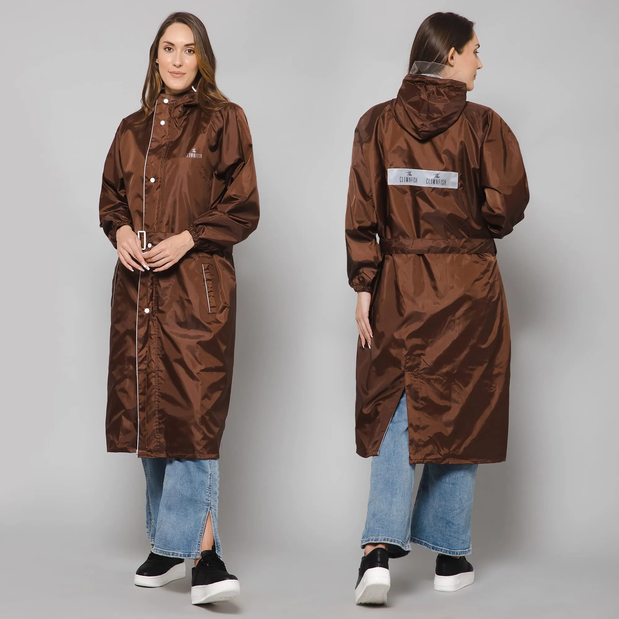 THE CLOWNFISH Polyester Long Length Raincoats For Women Raincoat For Ladies Waterproof Reversible Double Layer. Drizzle Diva Series (Brown, 2XL)