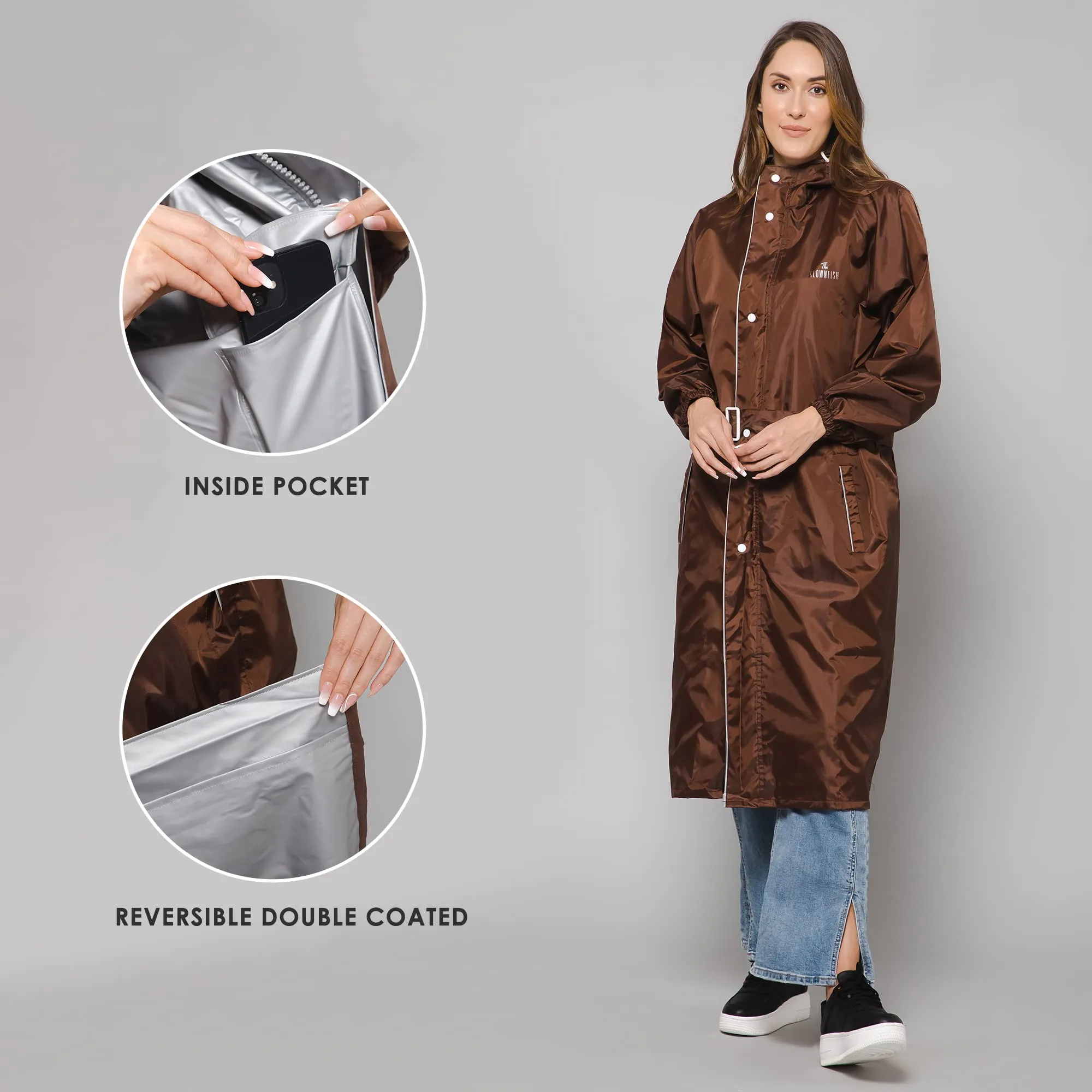 THE CLOWNFISH Polyester Long Length Raincoats For Women Raincoat For Ladies Waterproof Reversible Double Layer. Drizzle Diva Series (Brown, 2XL)