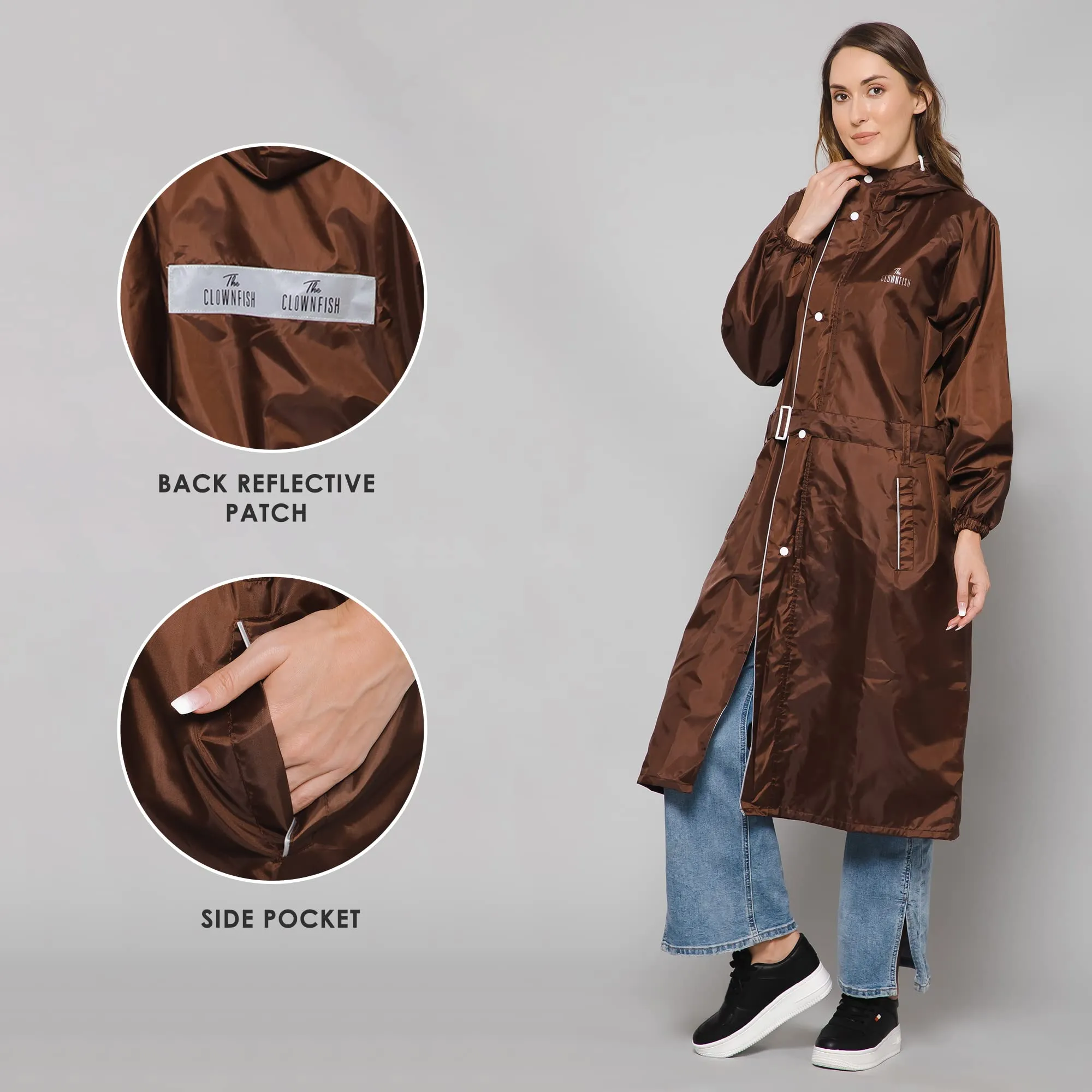 THE CLOWNFISH Polyester Long Length Raincoats For Women Raincoat For Ladies Waterproof Reversible Double Layer. Drizzle Diva Series (Brown, 2XL)