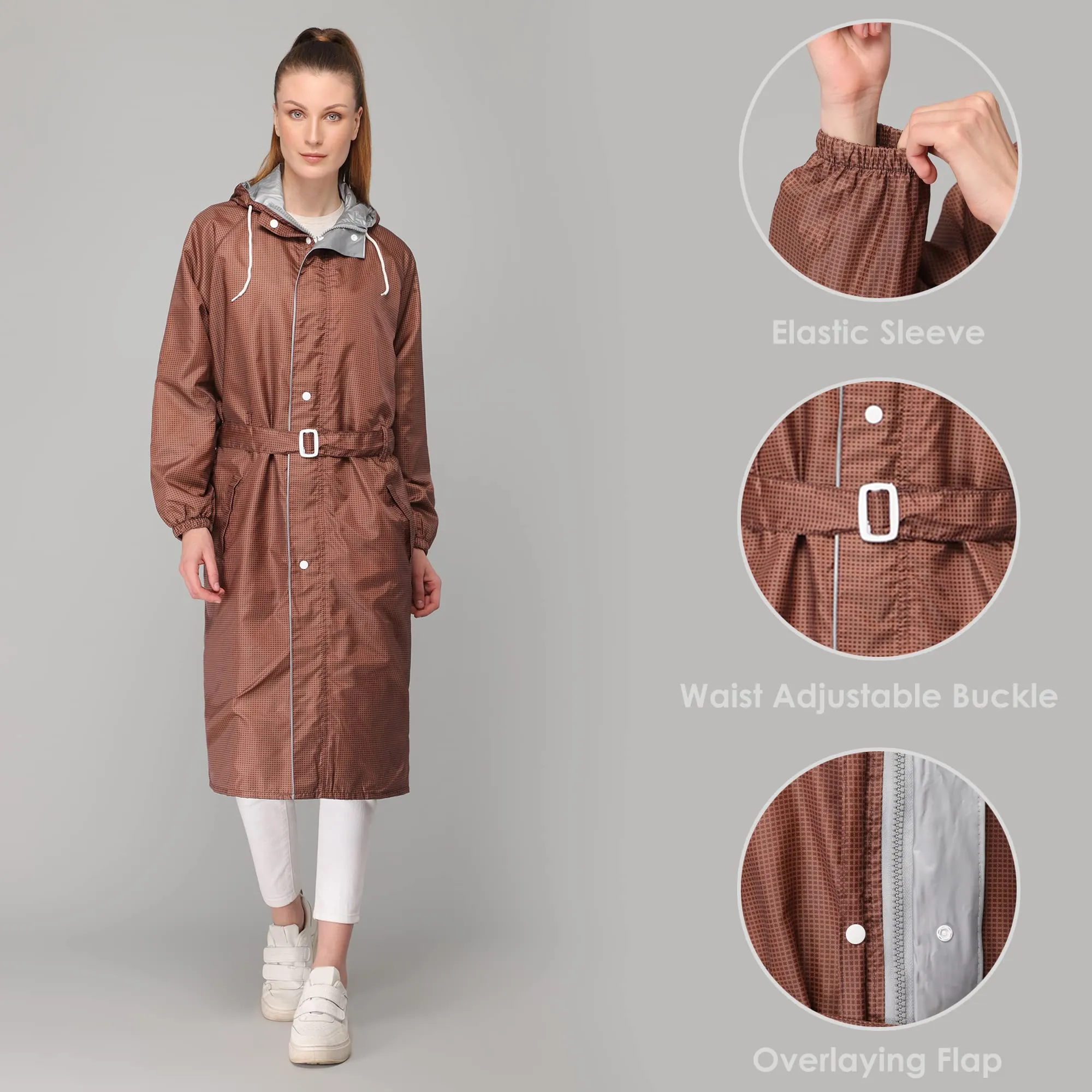 THE CLOWNFISH Polyester Long Length Raincoats For Women Waterproof Reversible Double Layer. Brilliant Pro Series (Brown, X-Large)