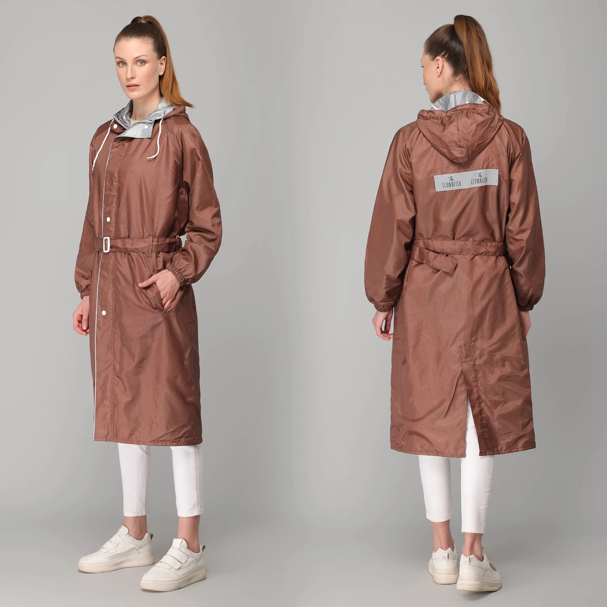 THE CLOWNFISH Polyester Long Length Raincoats For Women Waterproof Reversible Double Layer. Brilliant Pro Series (Brown, X-Large)