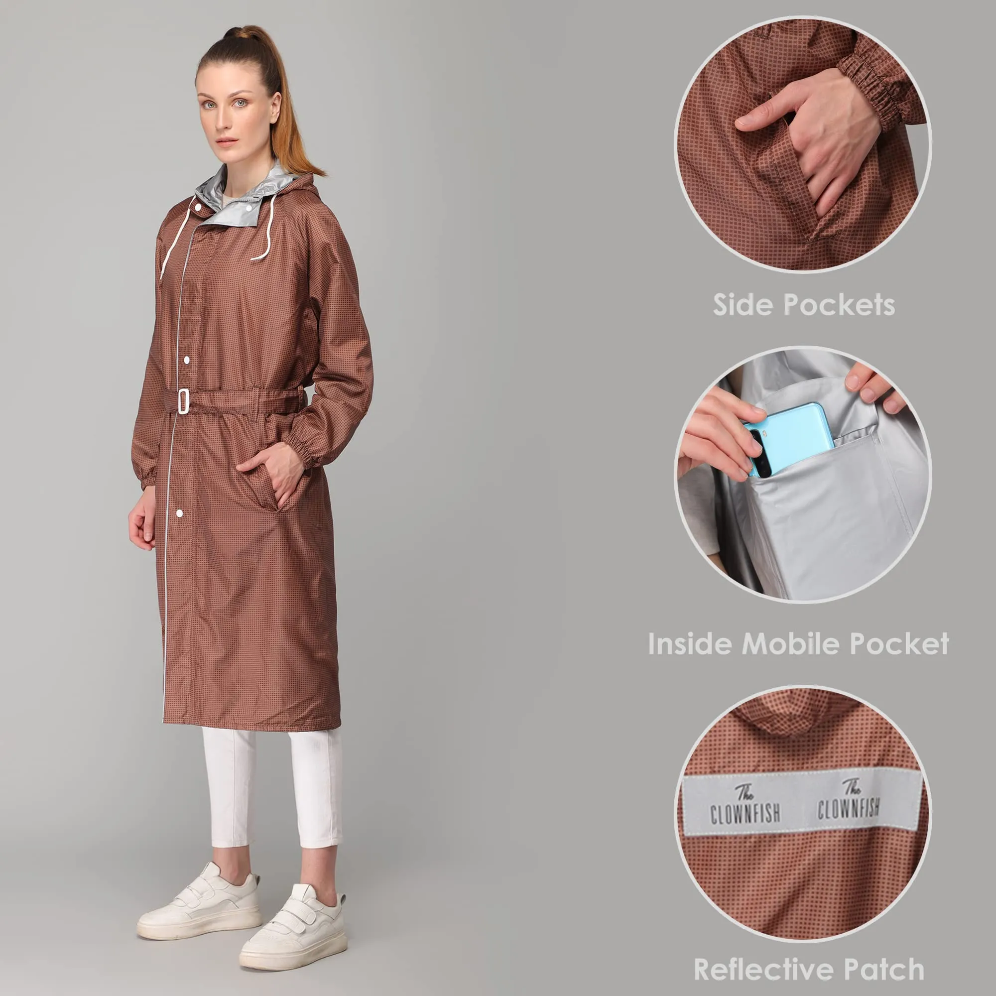 THE CLOWNFISH Polyester Long Length Raincoats For Women Waterproof Reversible Double Layer. Brilliant Pro Series (Brown, X-Large)