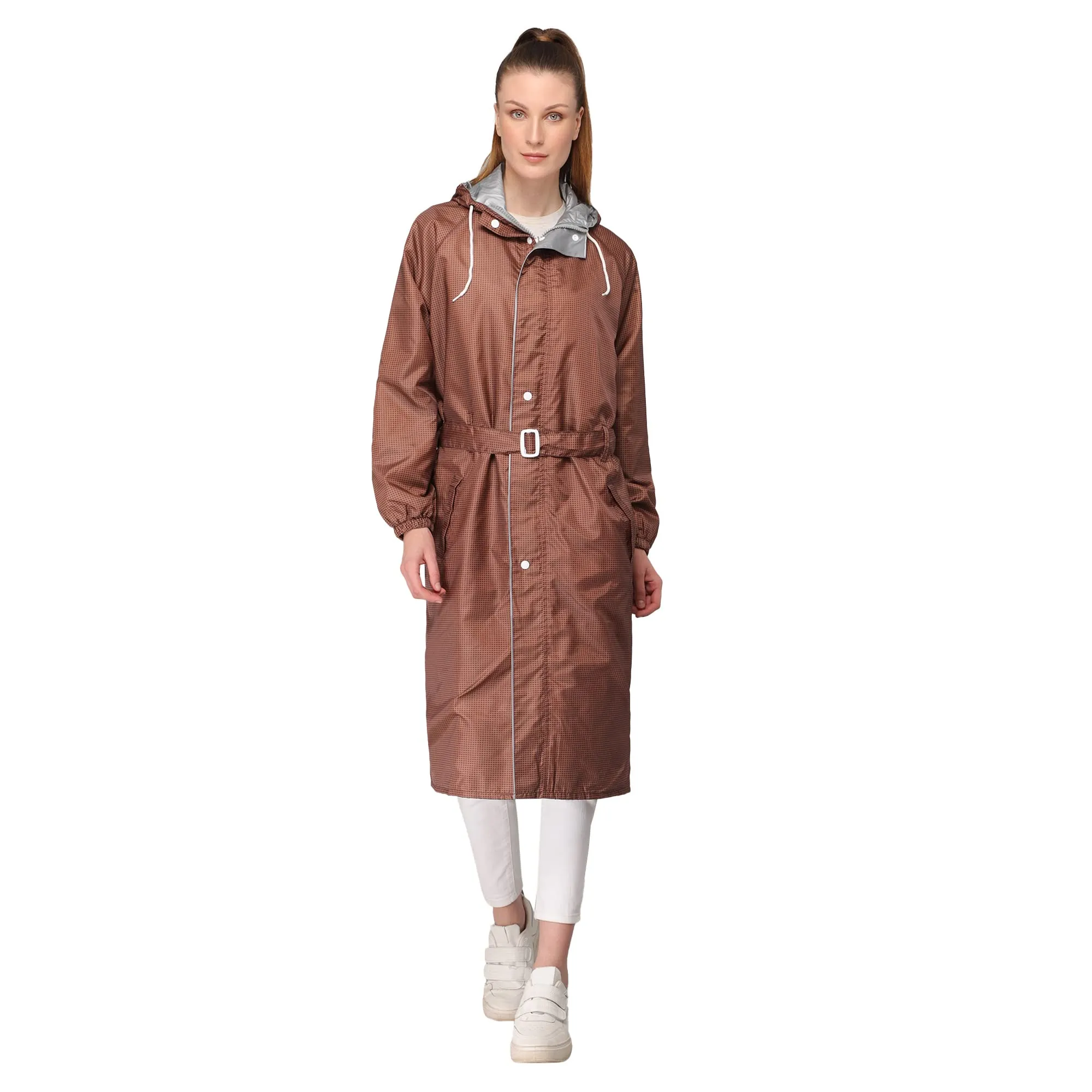 THE CLOWNFISH Polyester Long Length Raincoats For Women Waterproof Reversible Double Layer. Brilliant Pro Series (Brown, X-Large)