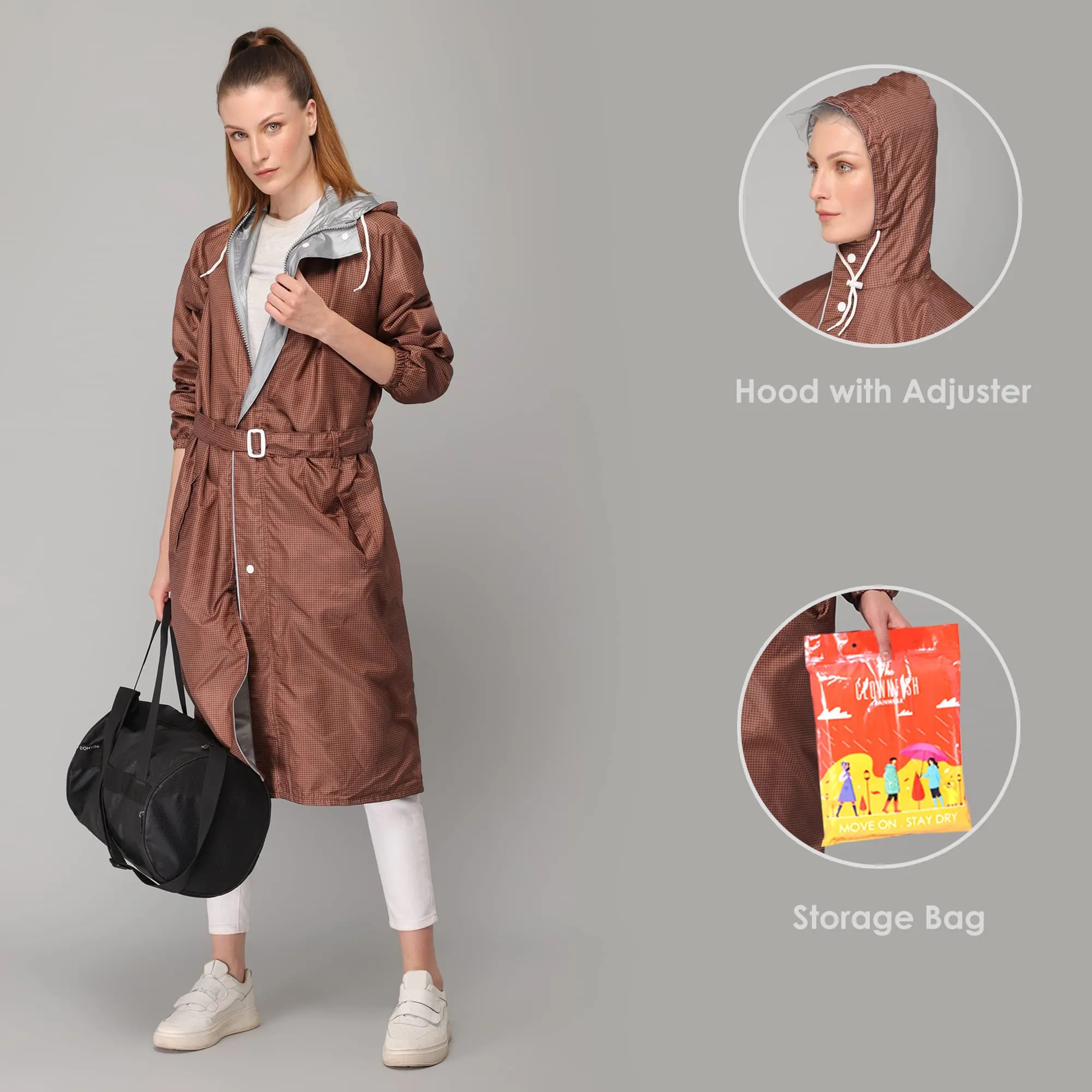 THE CLOWNFISH Polyester Long Length Raincoats For Women Waterproof Reversible Double Layer. Brilliant Pro Series (Brown, X-Large)