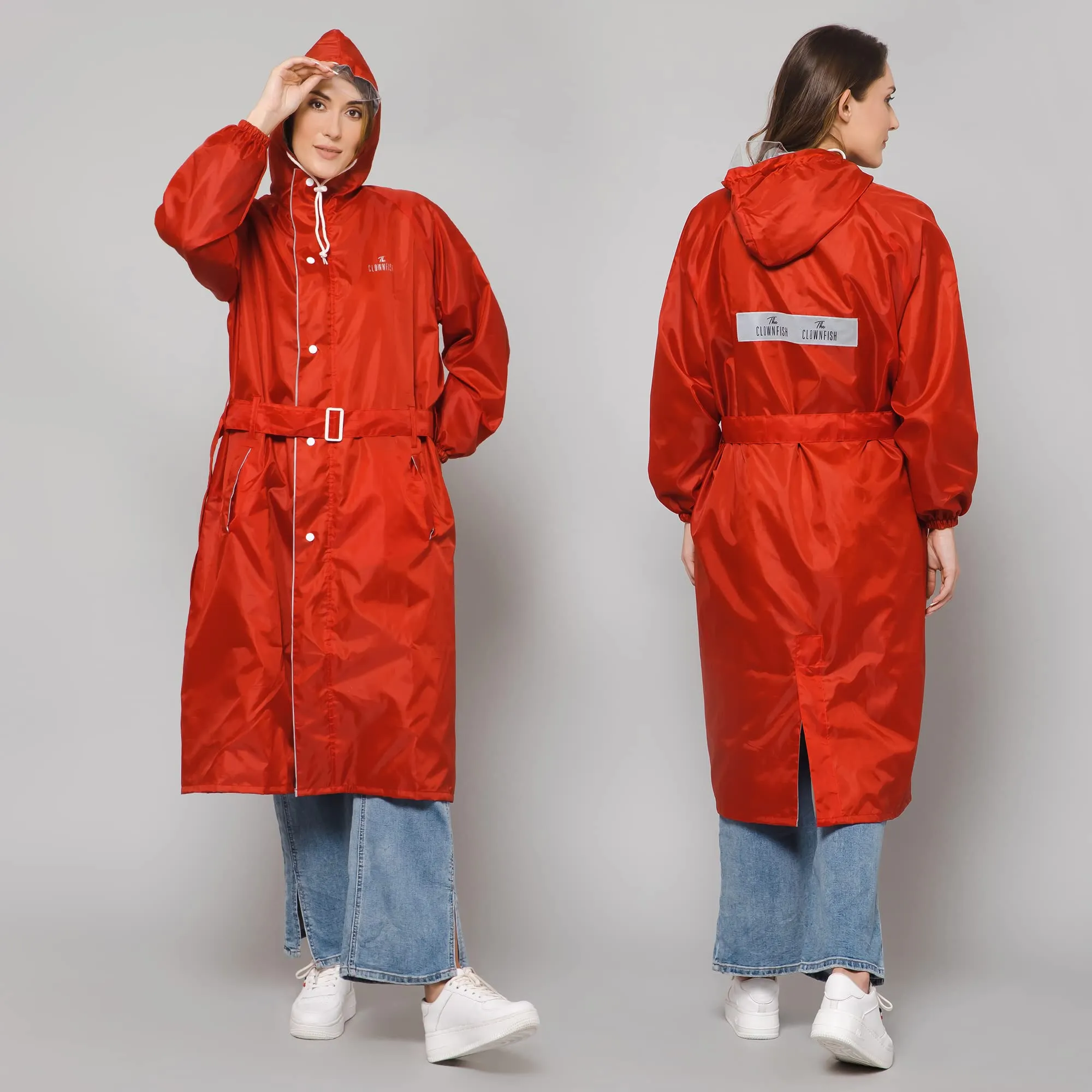 THE CLOWNFISH Polyester Raincoats For Women Rain Coat For Women Raincoat For Ladies Waterproof Reversible Double Layer. Drizzle Diva Series (Red, X-Large)