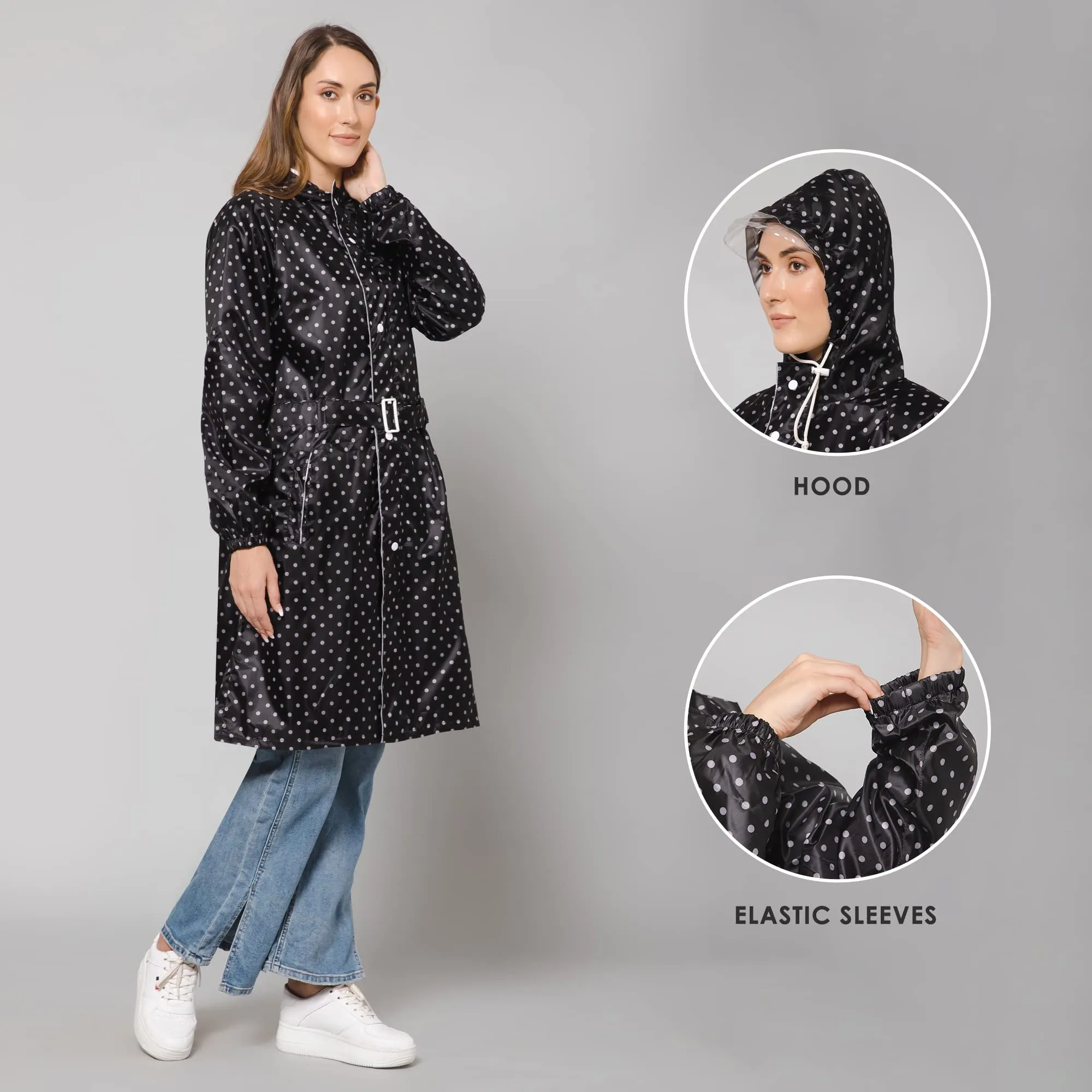 THE CLOWNFISH Raincoats for Women Rain Coat for Women Longcoat Raincoat for Ladies Waterproof Reversible Double Layer. Dotty Delight Series (Black, Large)