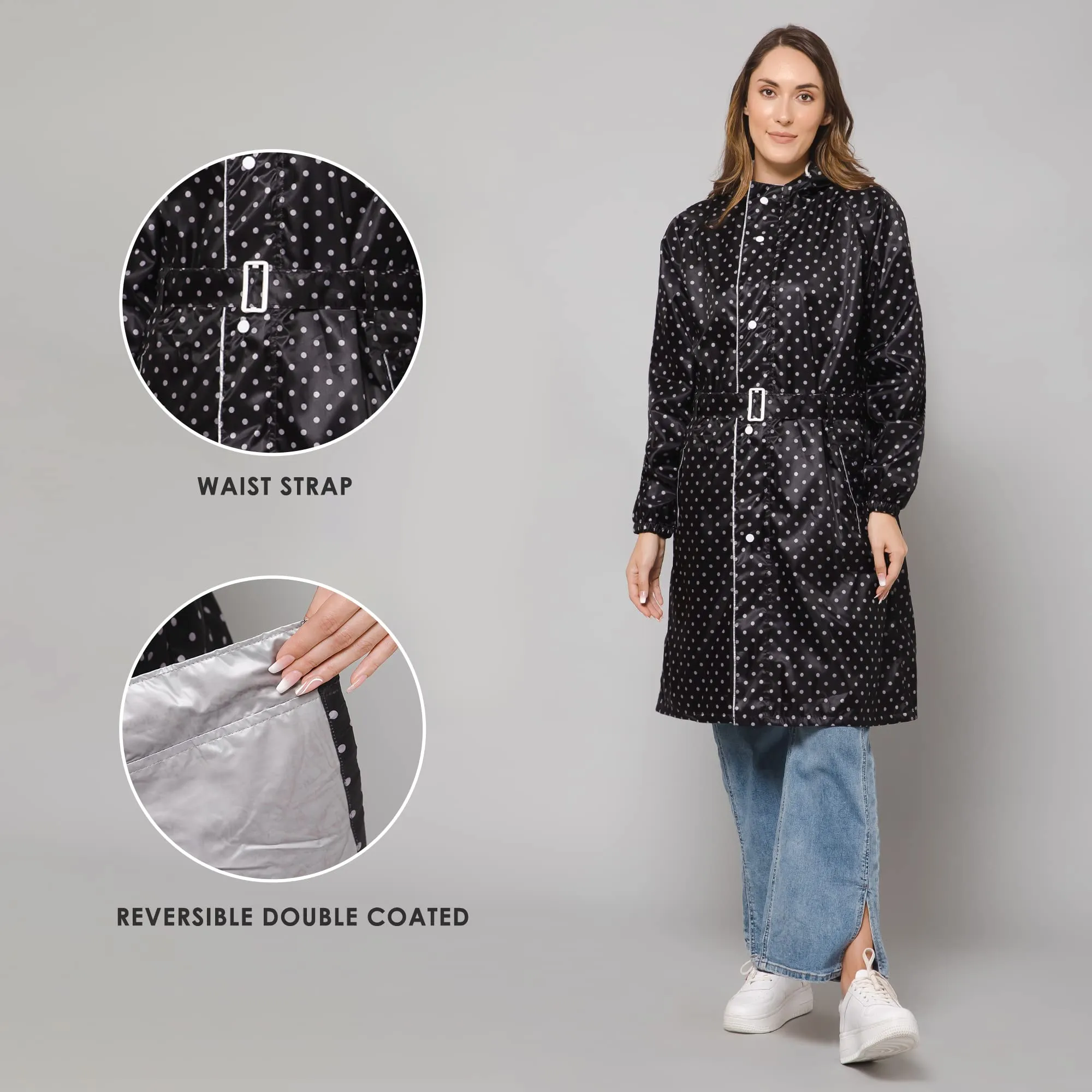 THE CLOWNFISH Raincoats for Women Rain Coat for Women Longcoat Raincoat for Ladies Waterproof Reversible Double Layer. Dotty Delight Series (Black, Large)