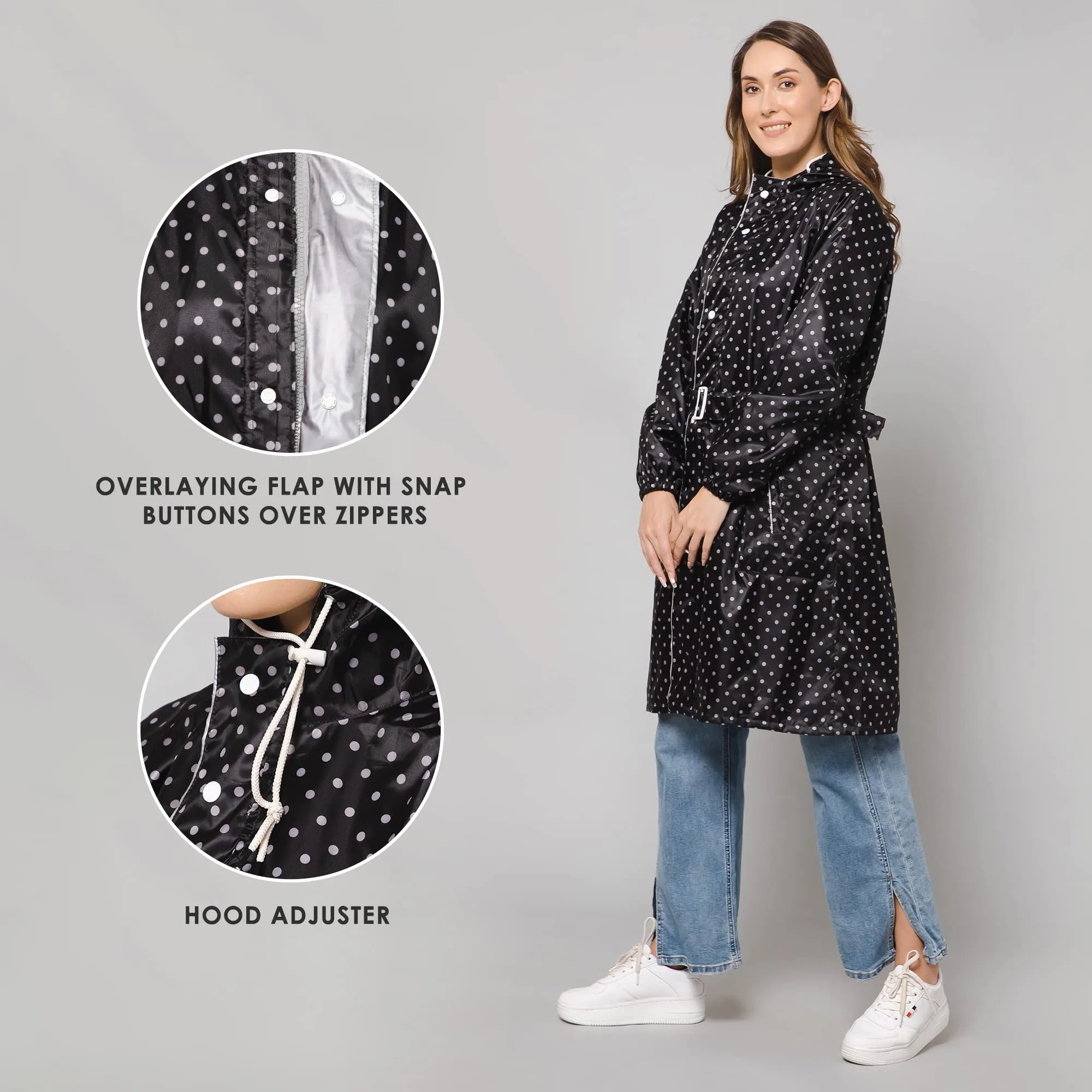 THE CLOWNFISH Raincoats for Women Rain Coat for Women Longcoat Raincoat for Ladies Waterproof Reversible Double Layer. Dotty Delight Series (Black, XX-Large)