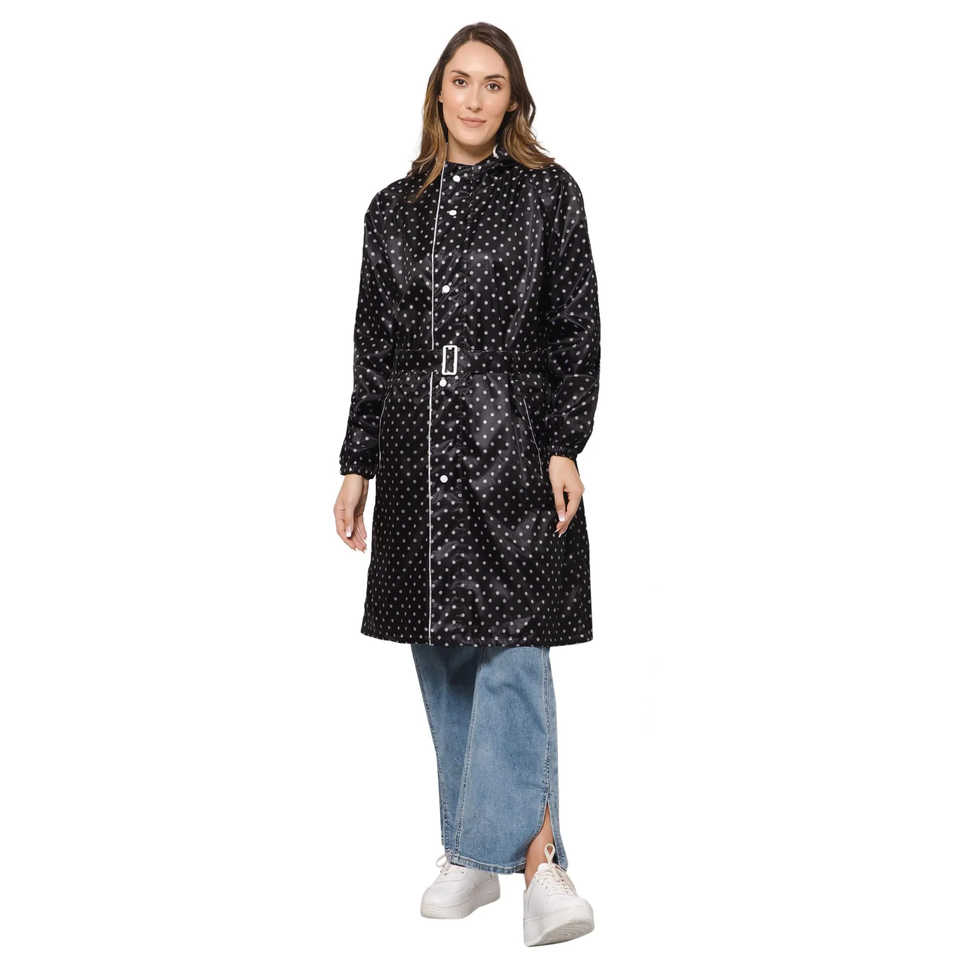 THE CLOWNFISH Raincoats for Women Rain Coat for Women Longcoat Raincoat for Ladies Waterproof Reversible Double Layer. Dotty Delight Series (Black, XXXX-Large)